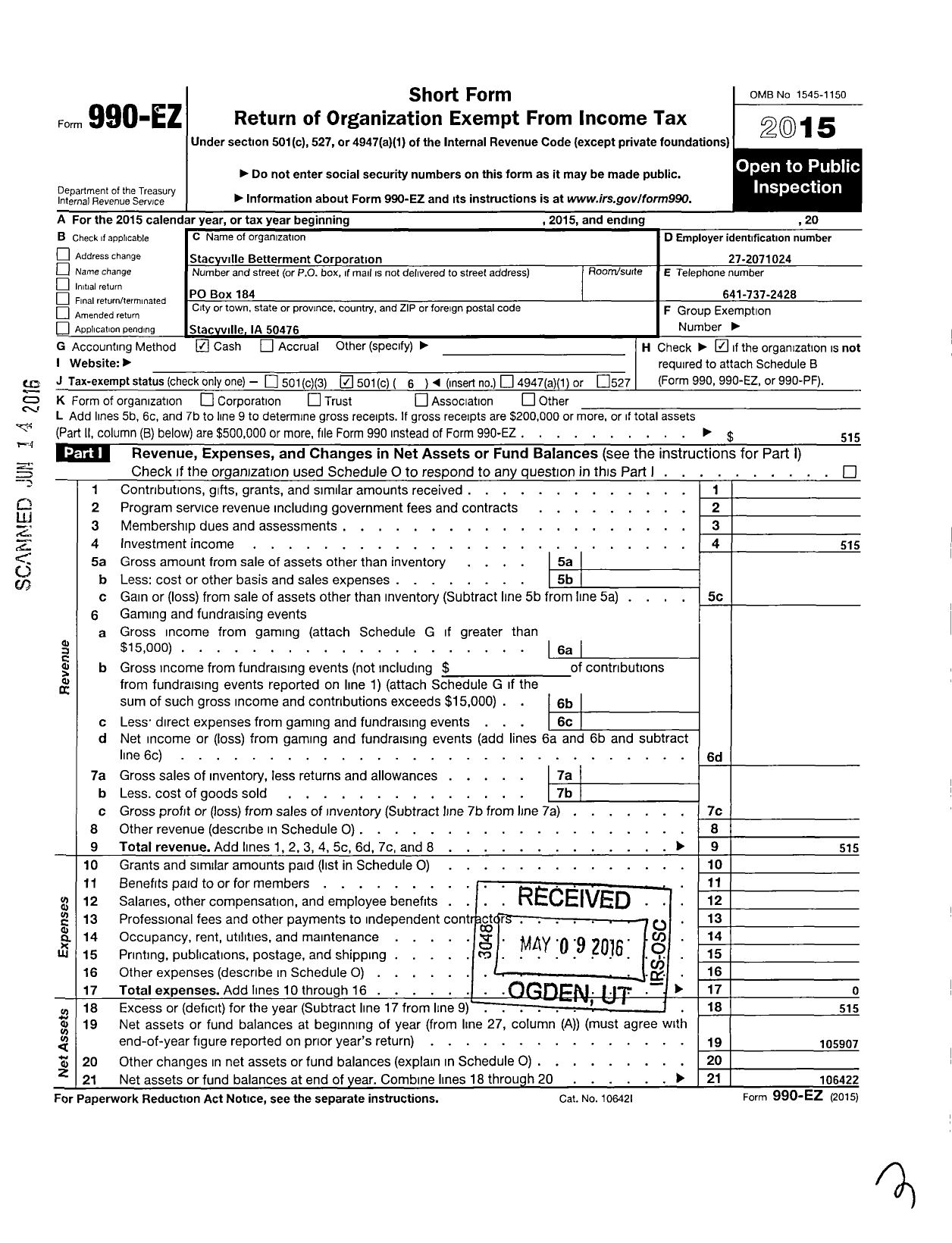 Image of first page of 2015 Form 990EO for Stacyville Betterment Corporation