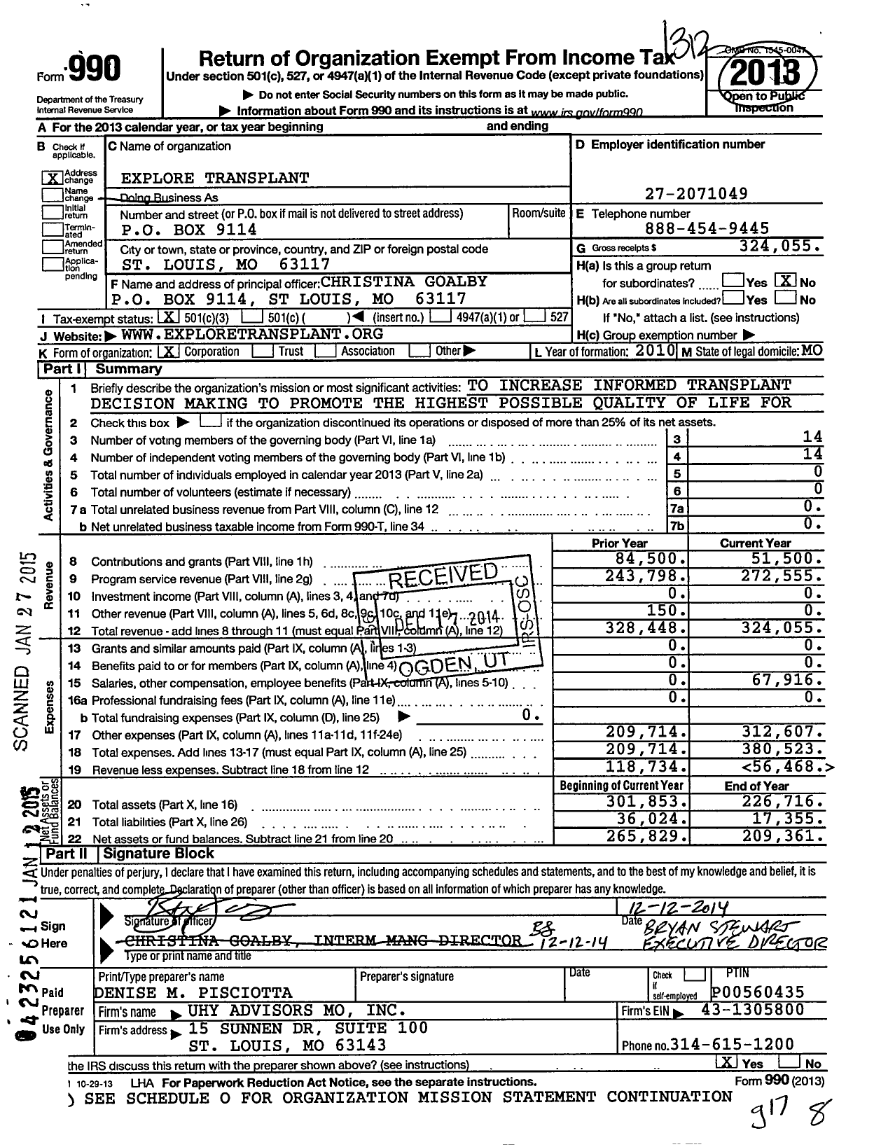 Image of first page of 2013 Form 990 for Explore Transplant