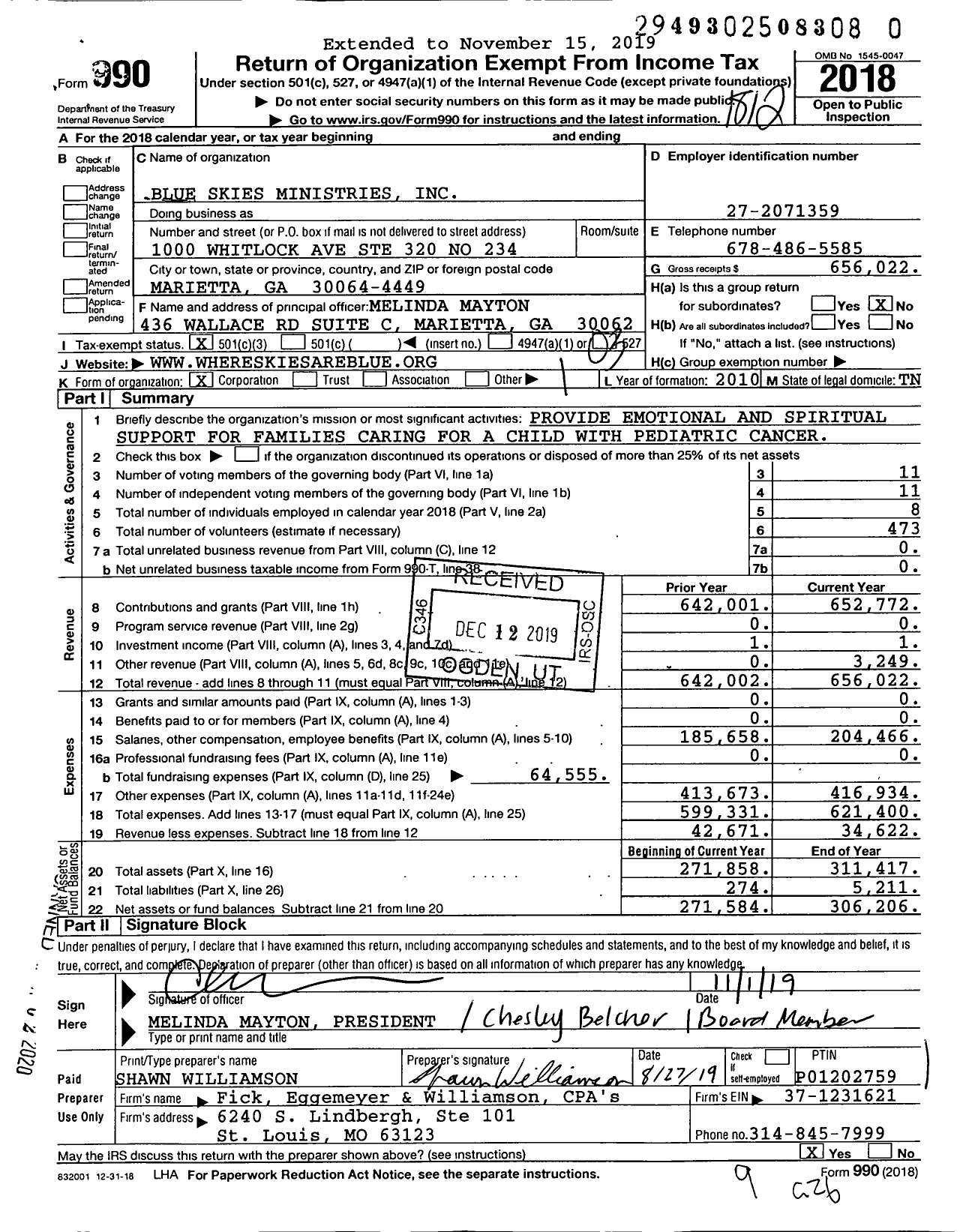 Image of first page of 2018 Form 990 for Blue Skies Ministries