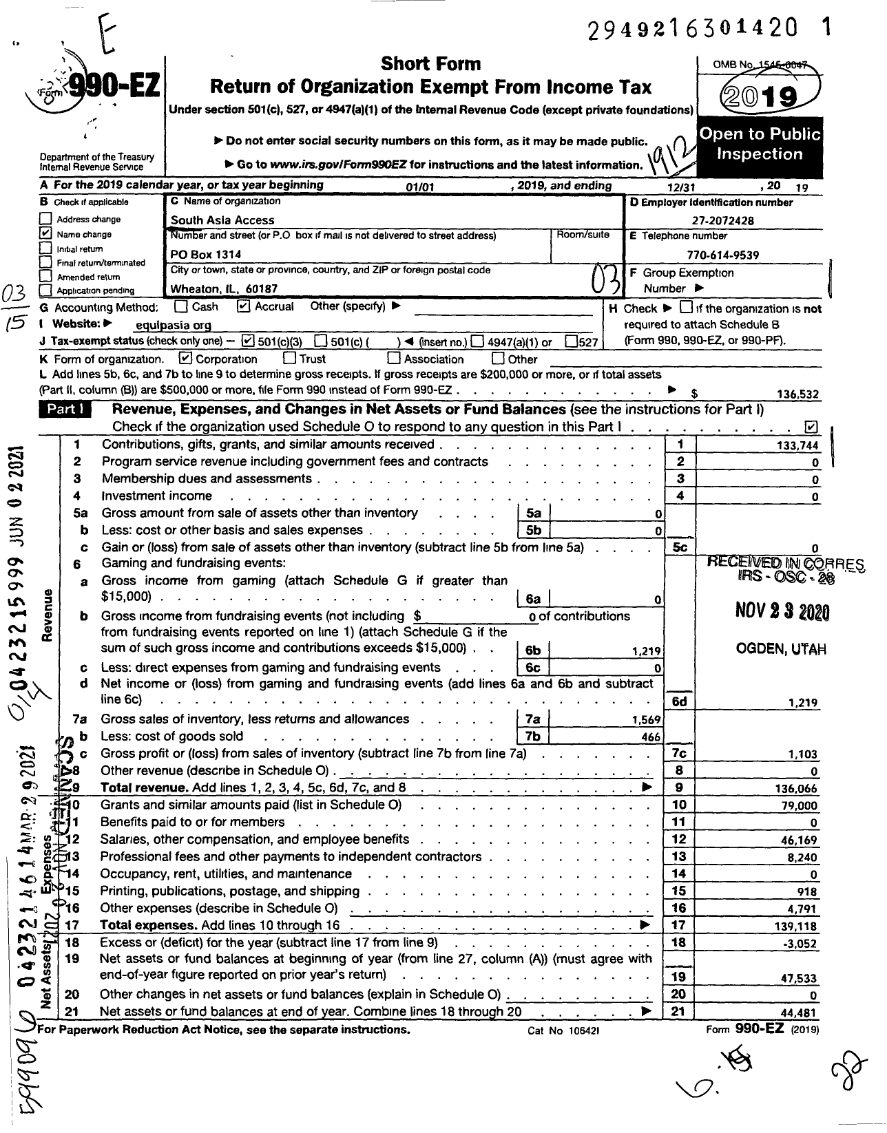 Image of first page of 2019 Form 990EZ for South Asia Access