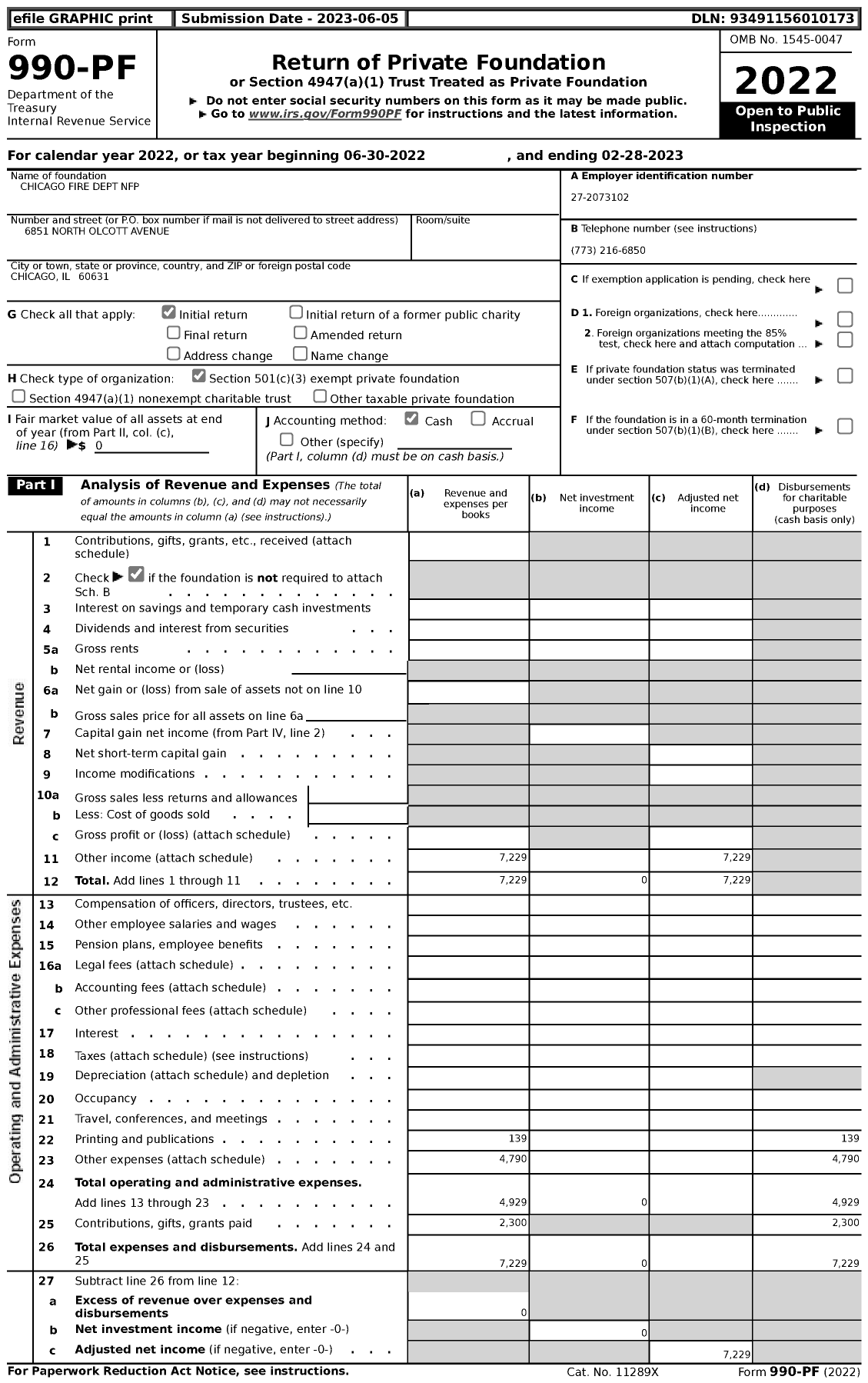 Image of first page of 2022 Form 990PF for Chicago Fire Dept NFP