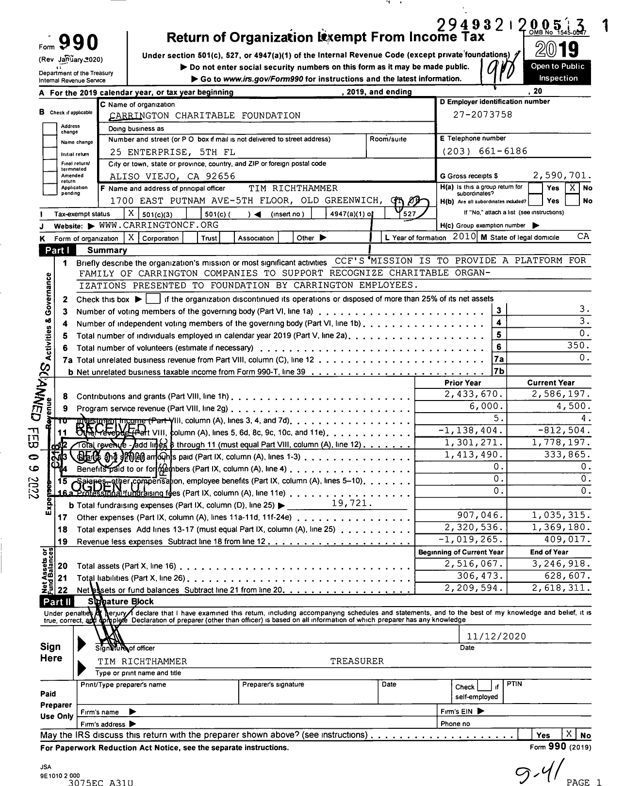 Image of first page of 2019 Form 990 for Carrington Charitable Foundation