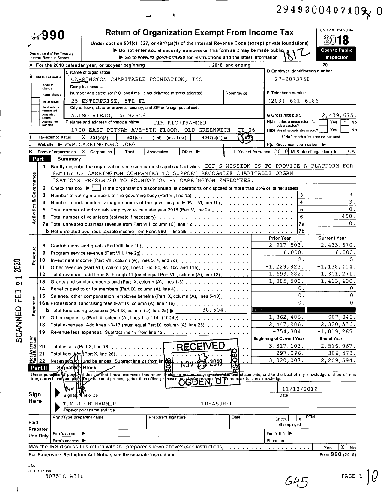 Image of first page of 2018 Form 990 for Carrington Charitable Foundation