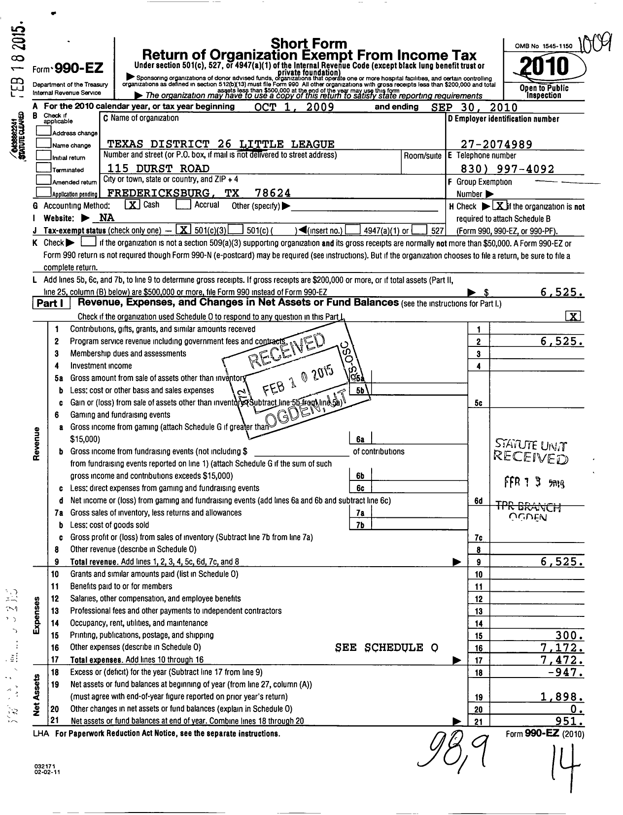 Image of first page of 2009 Form 990EZ for Little League Baseball