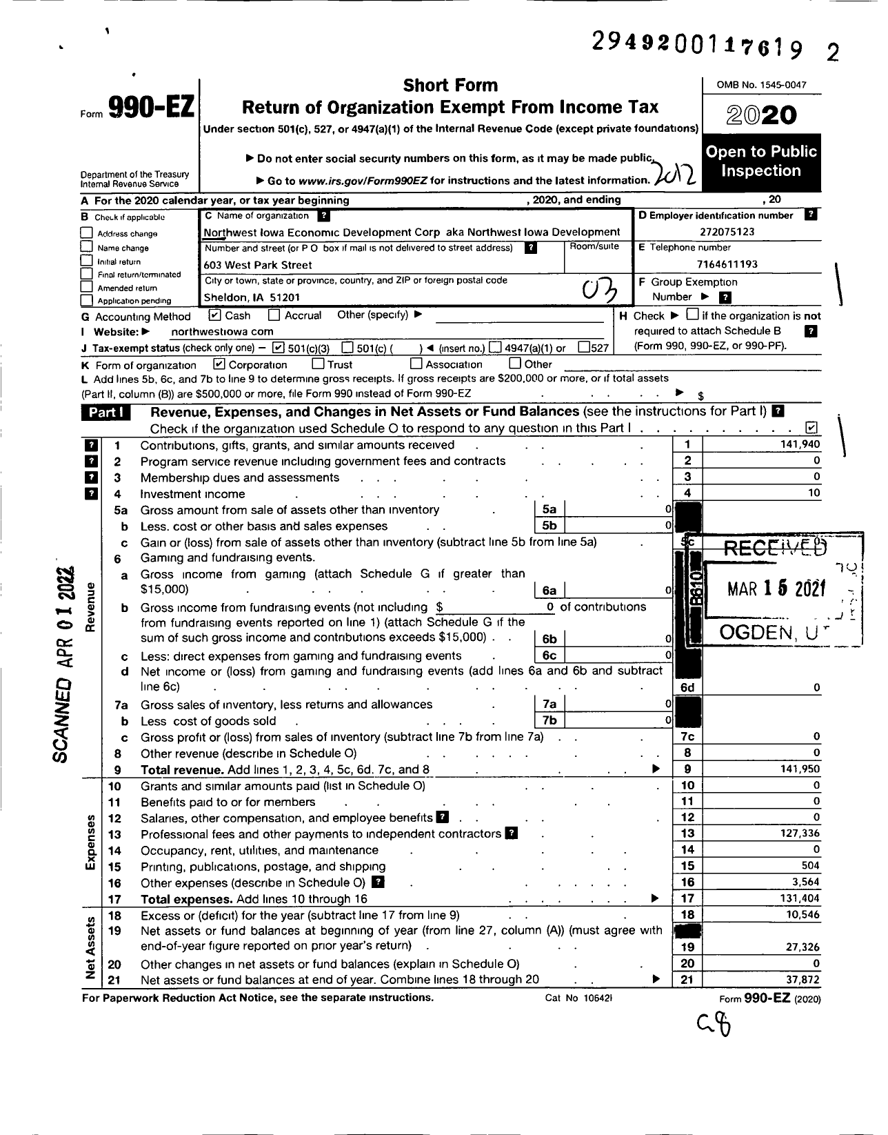 Image of first page of 2020 Form 990EZ for NORTHWEST Iowa ECONOMIC Development Corporation