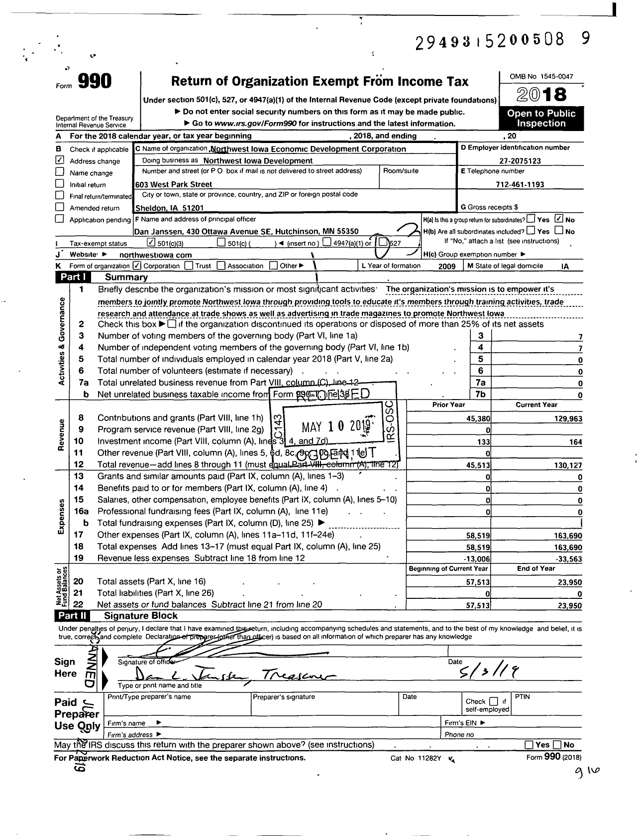 Image of first page of 2018 Form 990 for NORTHWEST Iowa ECONOMIC Development Corporation