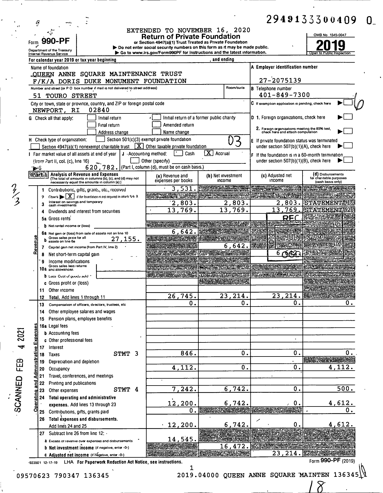 Image of first page of 2019 Form 990PF for Queen Anne Square Maintenance Trust