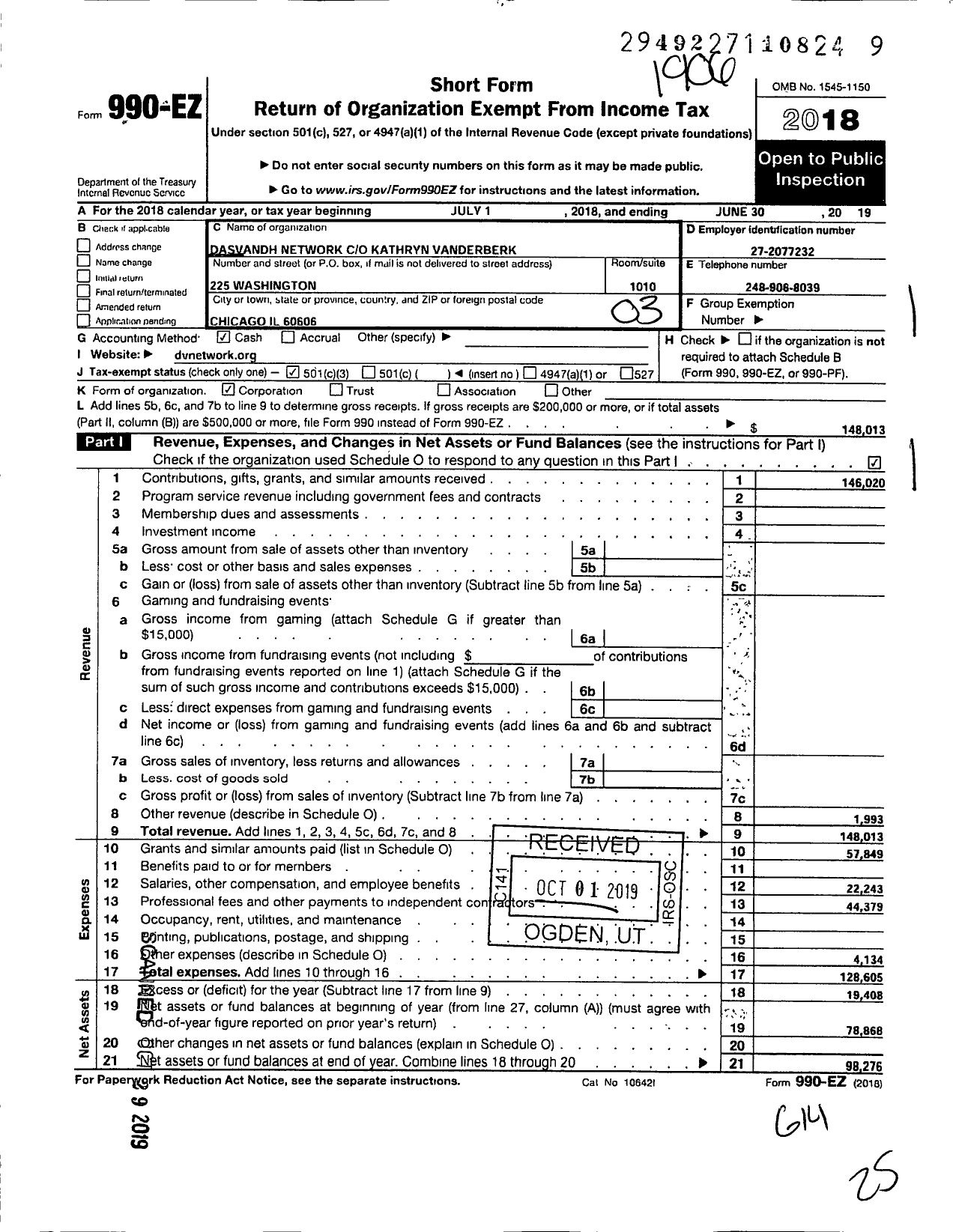 Image of first page of 2018 Form 990EZ for Dasvandh Network