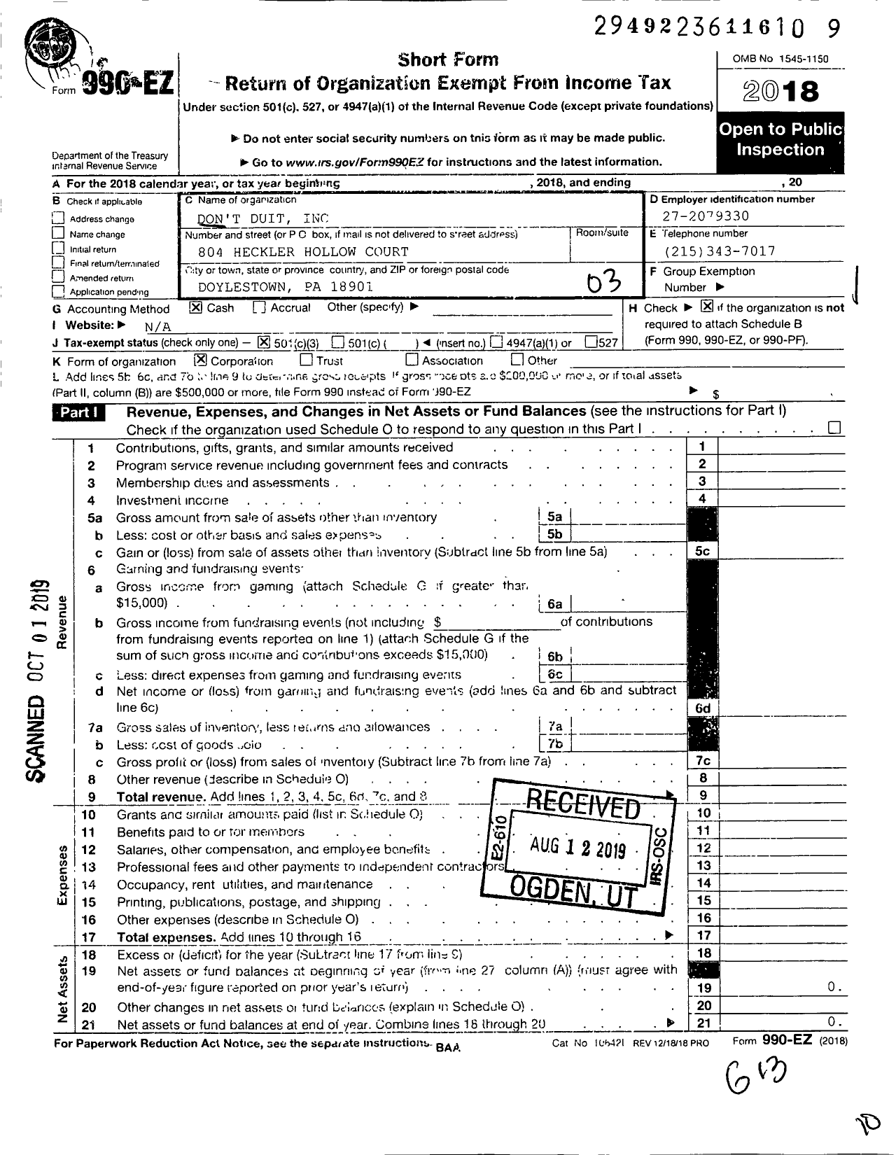 Image of first page of 2018 Form 990EZ for Dont Duit