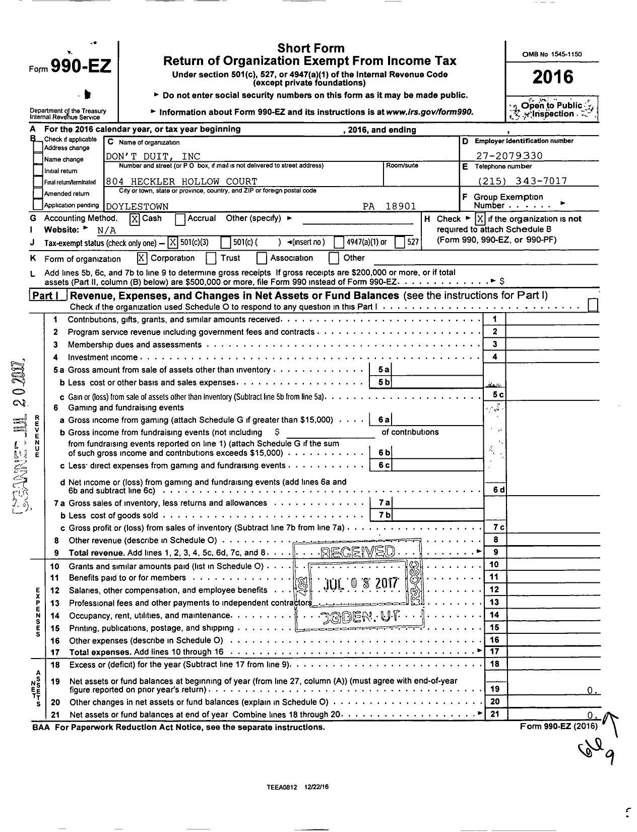 Image of first page of 2016 Form 990EZ for Dont Duit