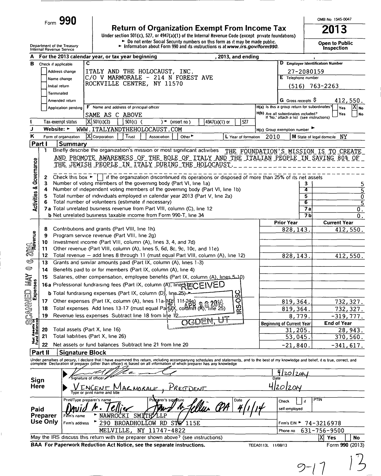 Image of first page of 2013 Form 990 for Italy and the holocaust