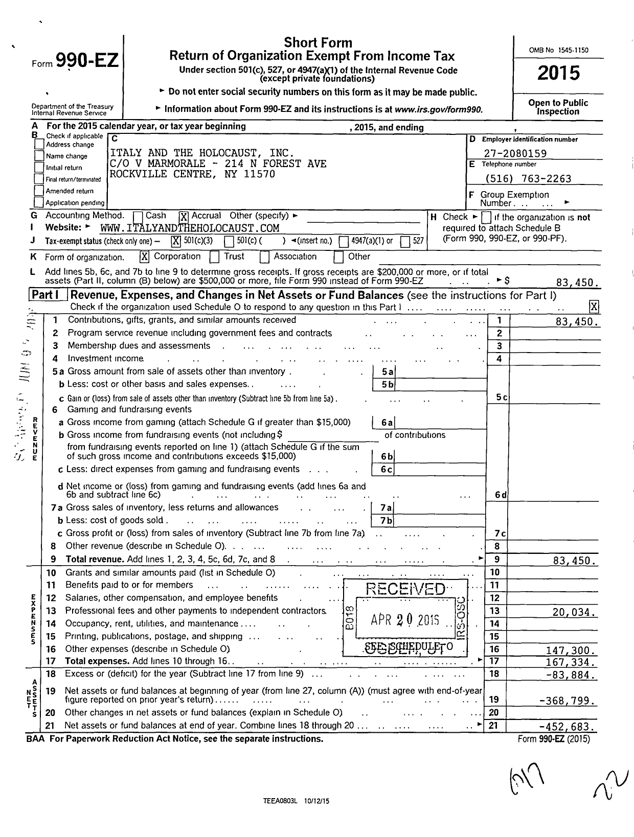 Image of first page of 2015 Form 990EZ for Italy and the holocaust