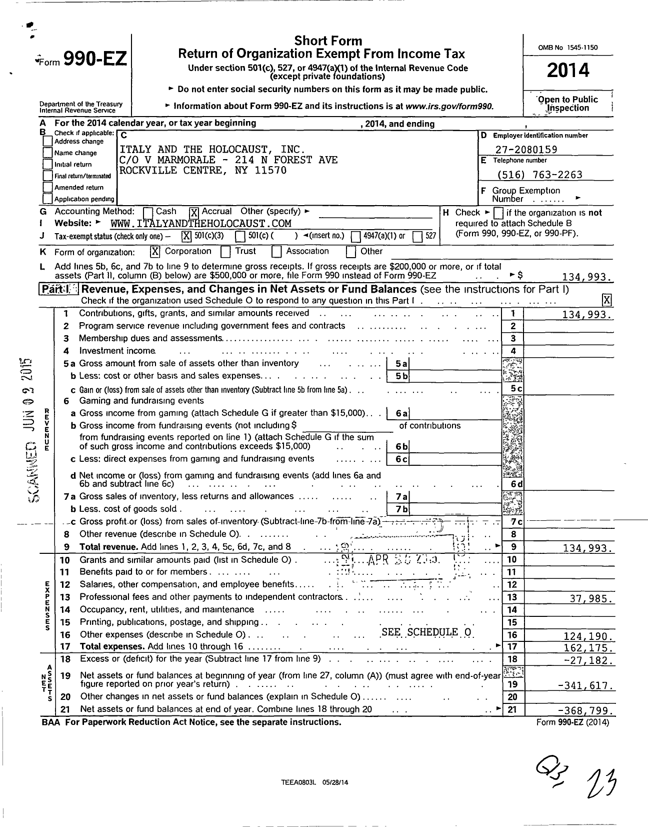 Image of first page of 2014 Form 990EZ for Italy and the holocaust