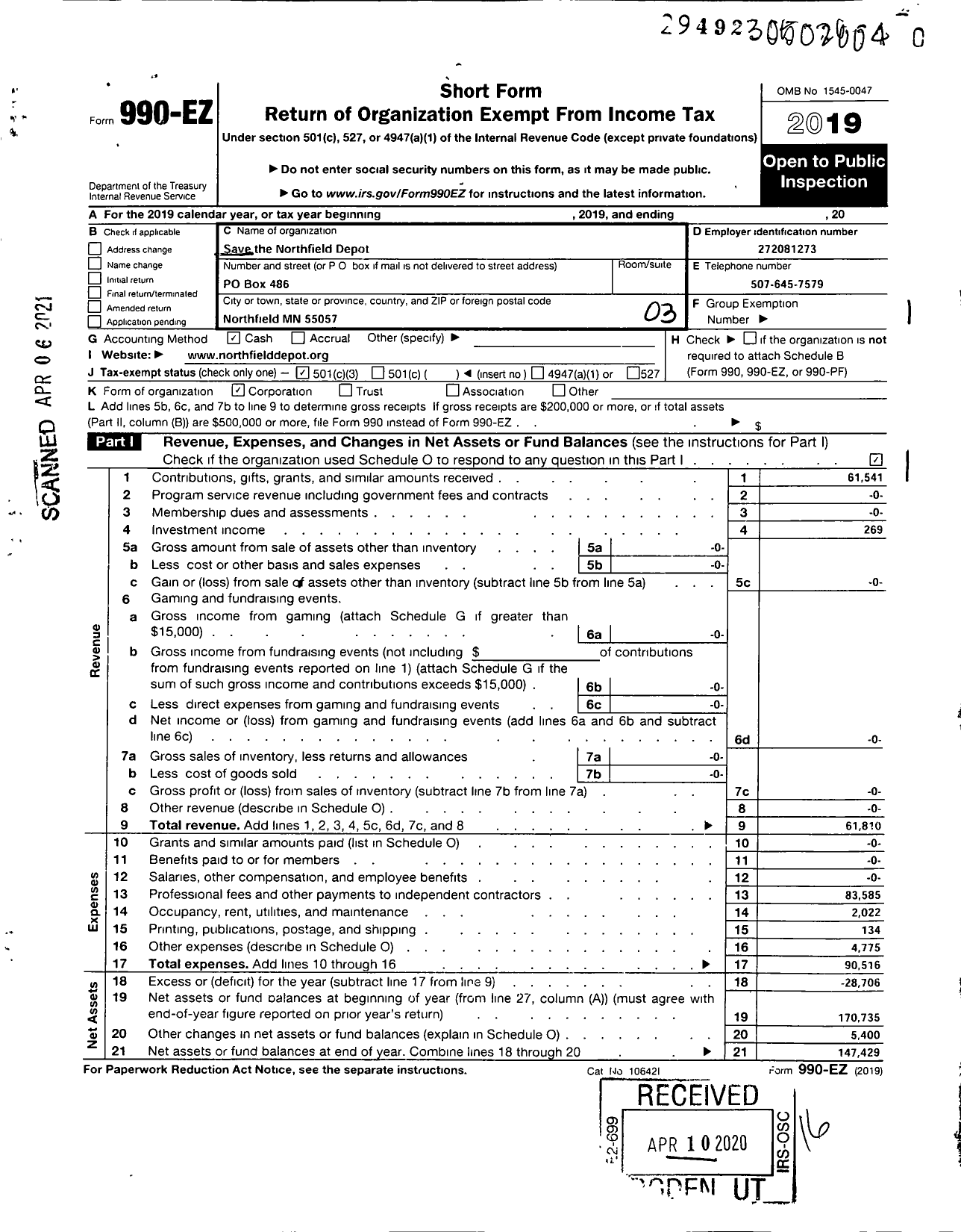 Image of first page of 2019 Form 990EZ for Save the Northfield Depot