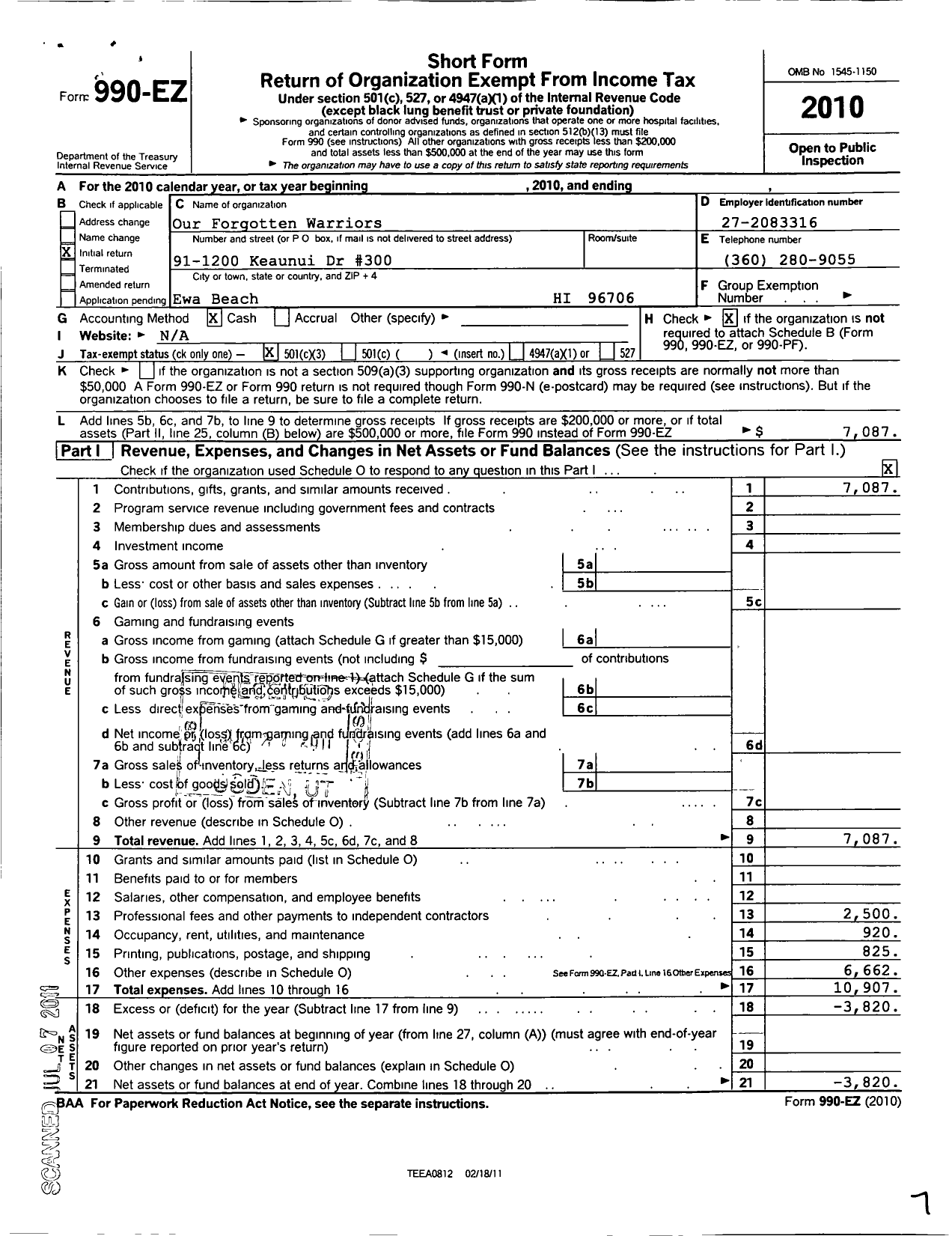 Image of first page of 2010 Form 990EZ for Our Forgotten Warriors