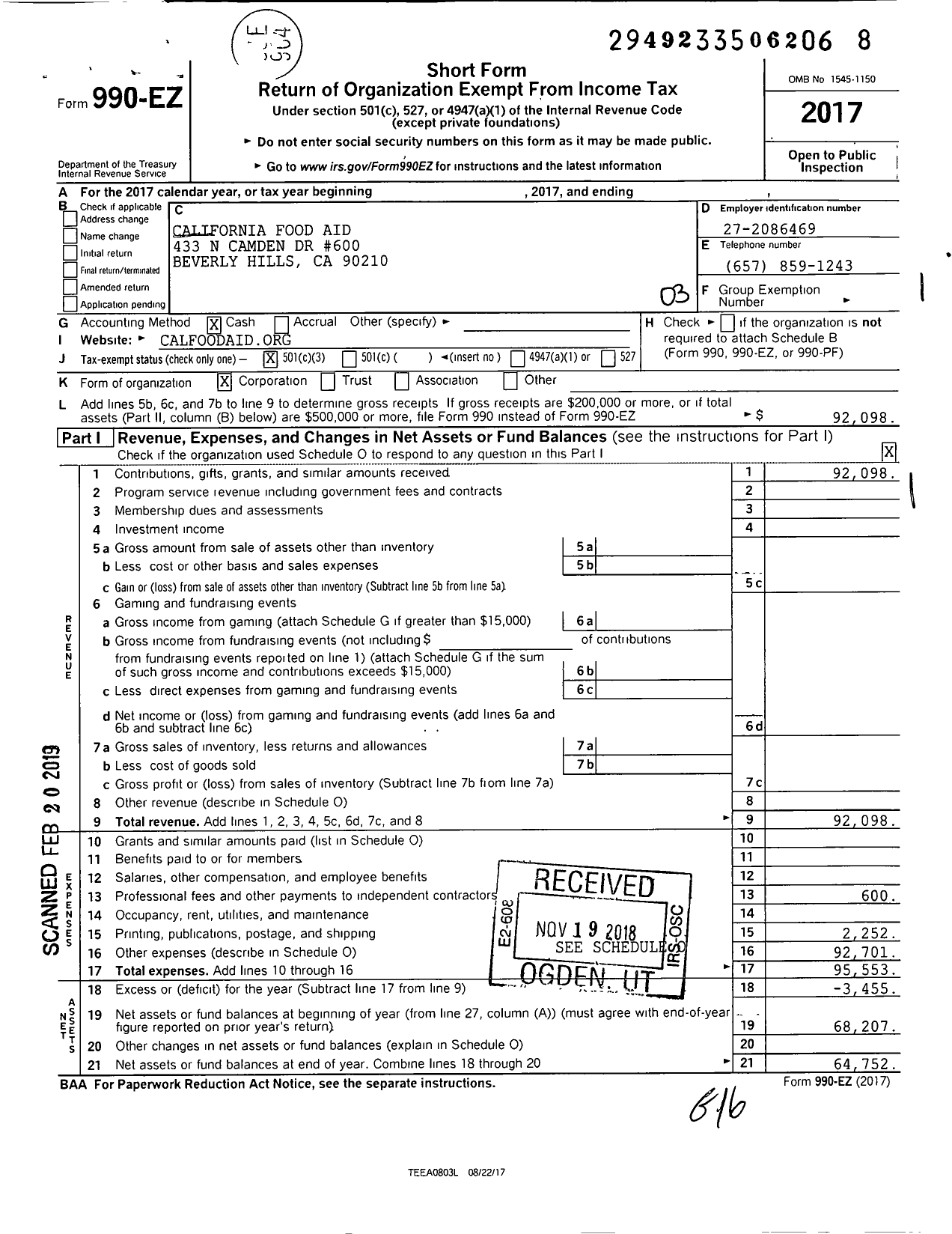 Image of first page of 2017 Form 990EZ for California Food Aid