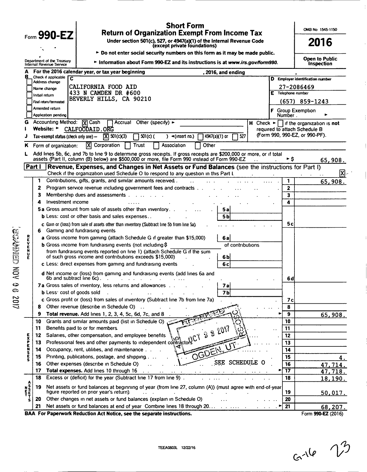 Image of first page of 2016 Form 990EZ for California Food Aid