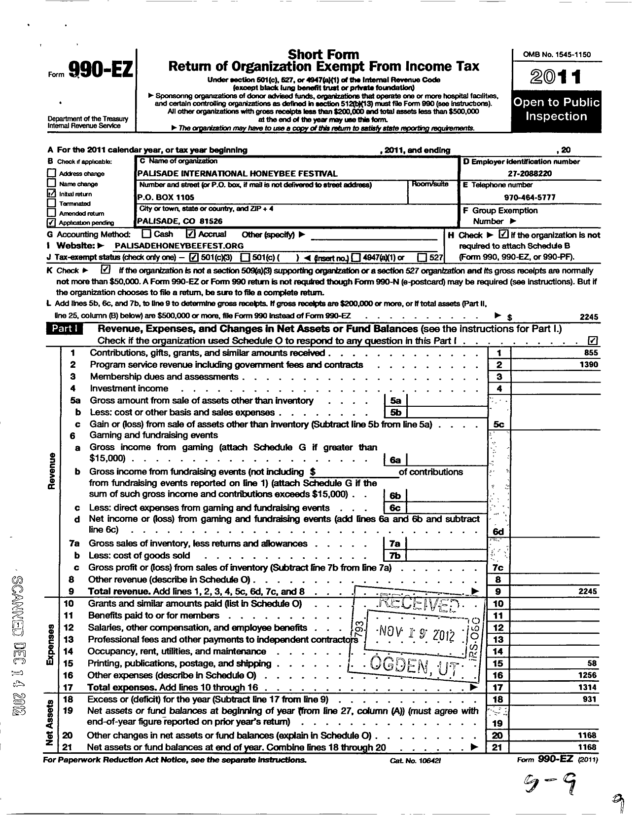 Image of first page of 2011 Form 990EZ for Palisade International Honey Bee Festival