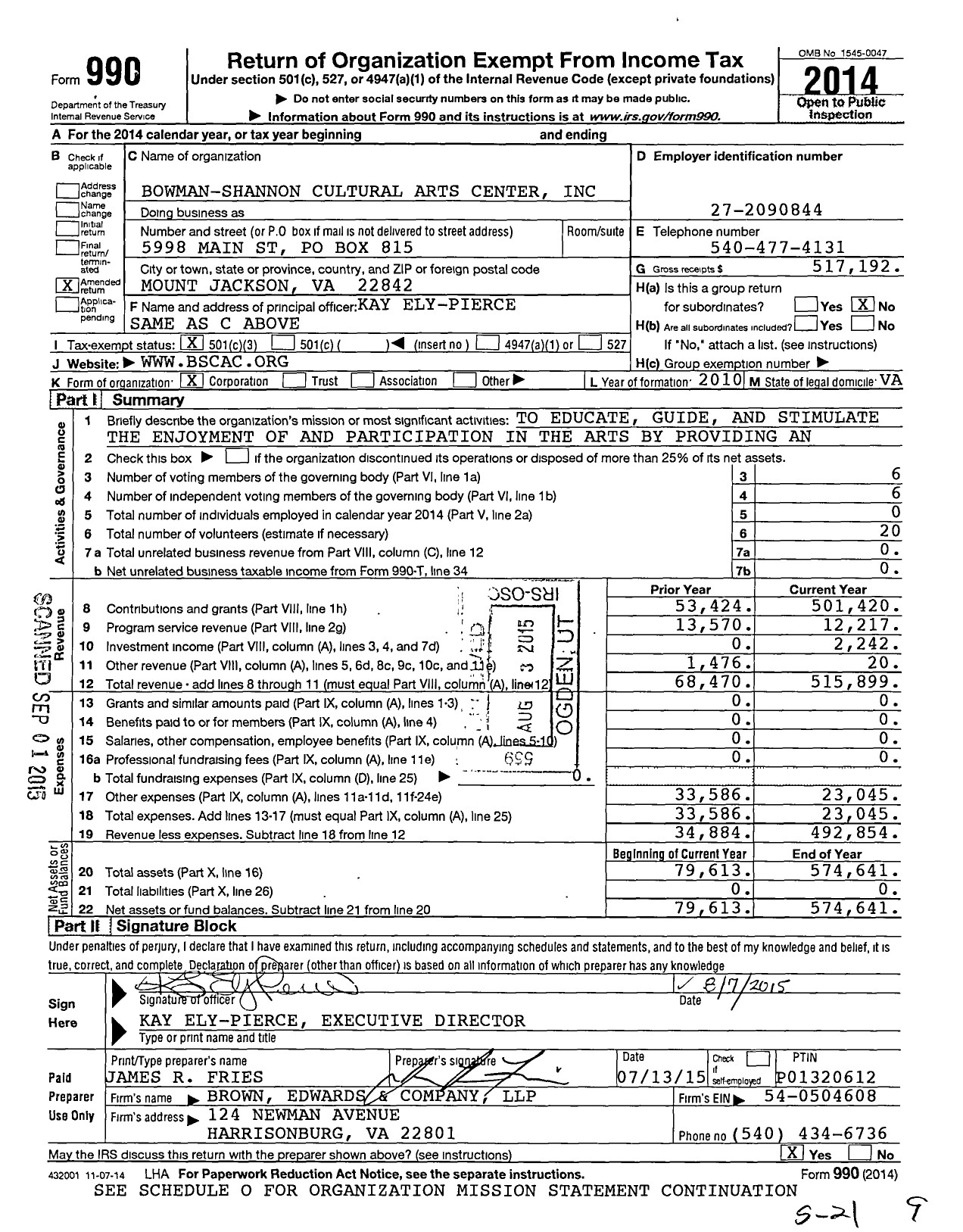 Image of first page of 2014 Form 990 for Bowman-Shannon Cultural Arts Center