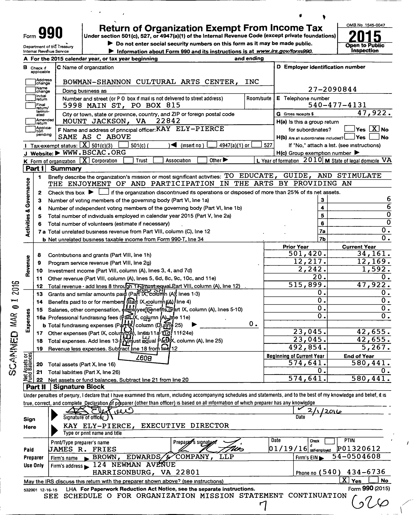 Image of first page of 2015 Form 990 for Bowman-Shannon Cultural Arts Center