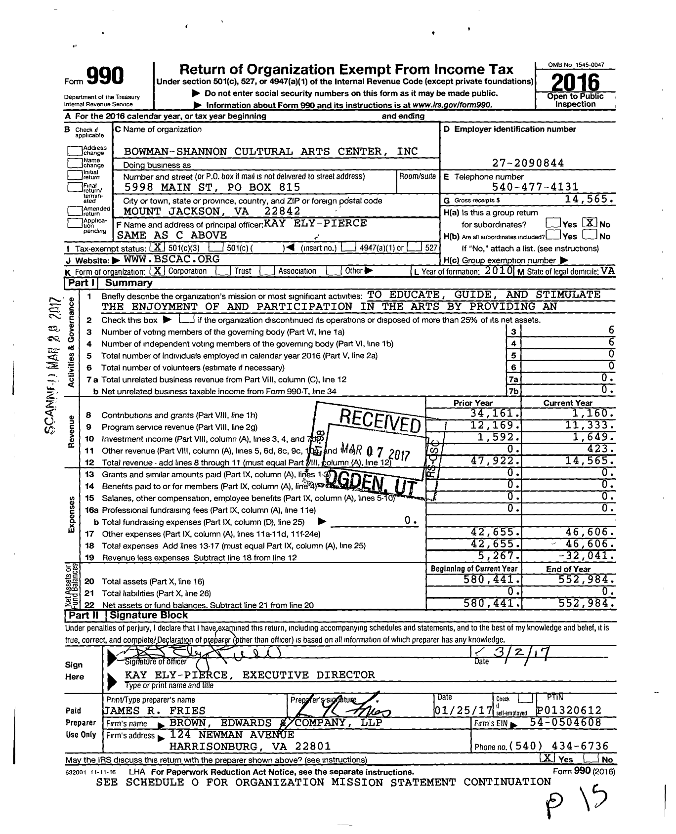 Image of first page of 2016 Form 990 for Bowman-Shannon Cultural Arts Center