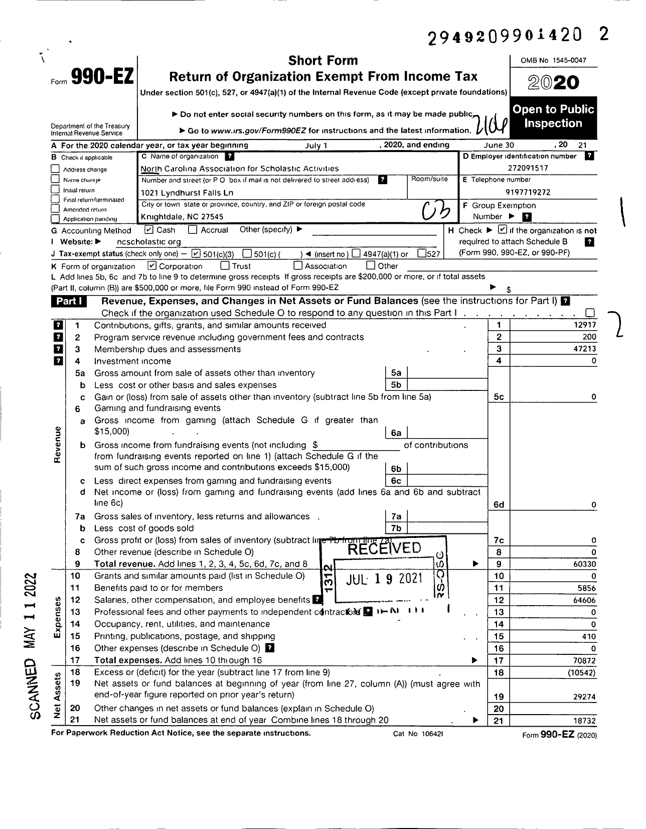 Image of first page of 2020 Form 990EZ for North Carolina Association for Scholastic Activities