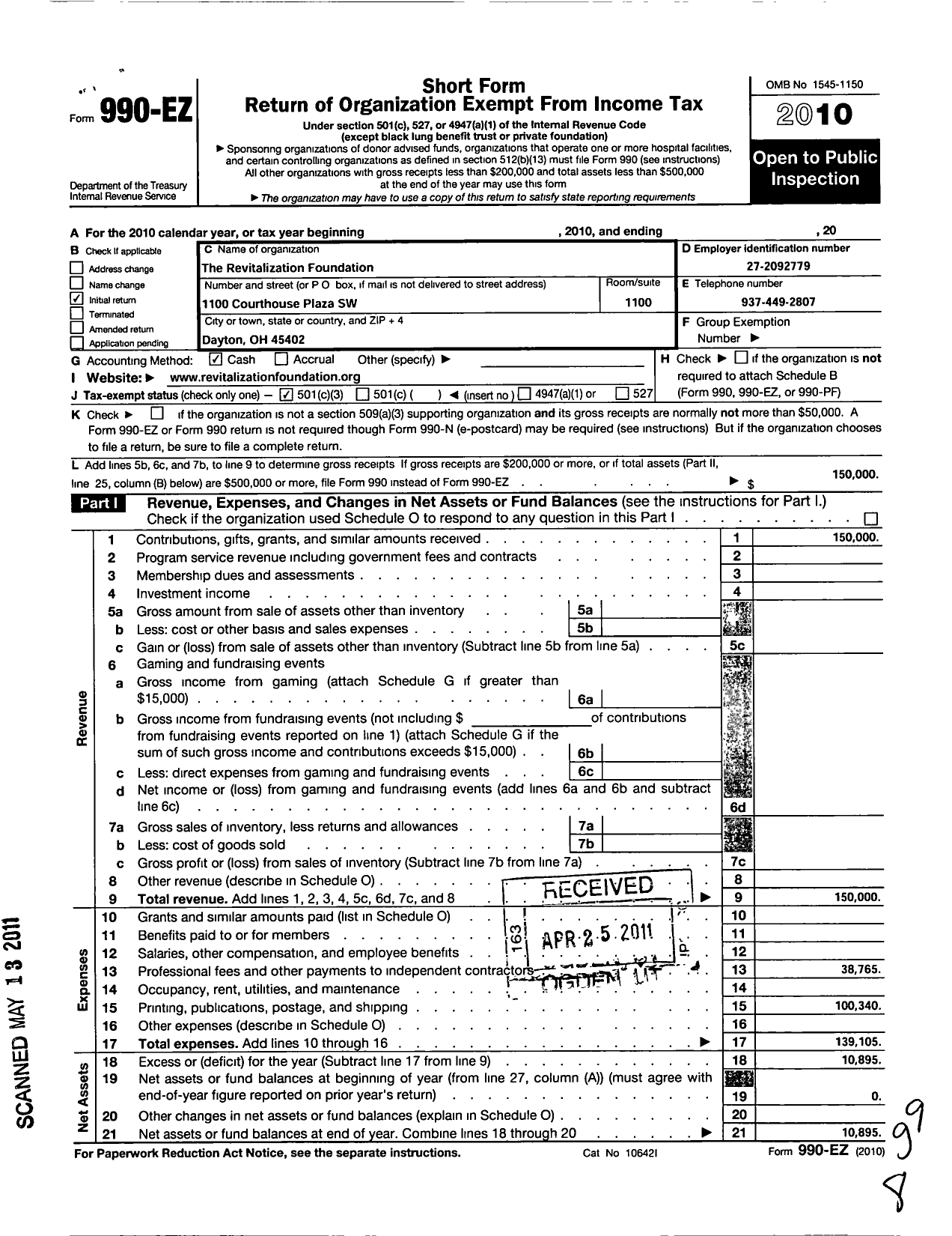 Image of first page of 2010 Form 990EZ for Revitalization Foundation