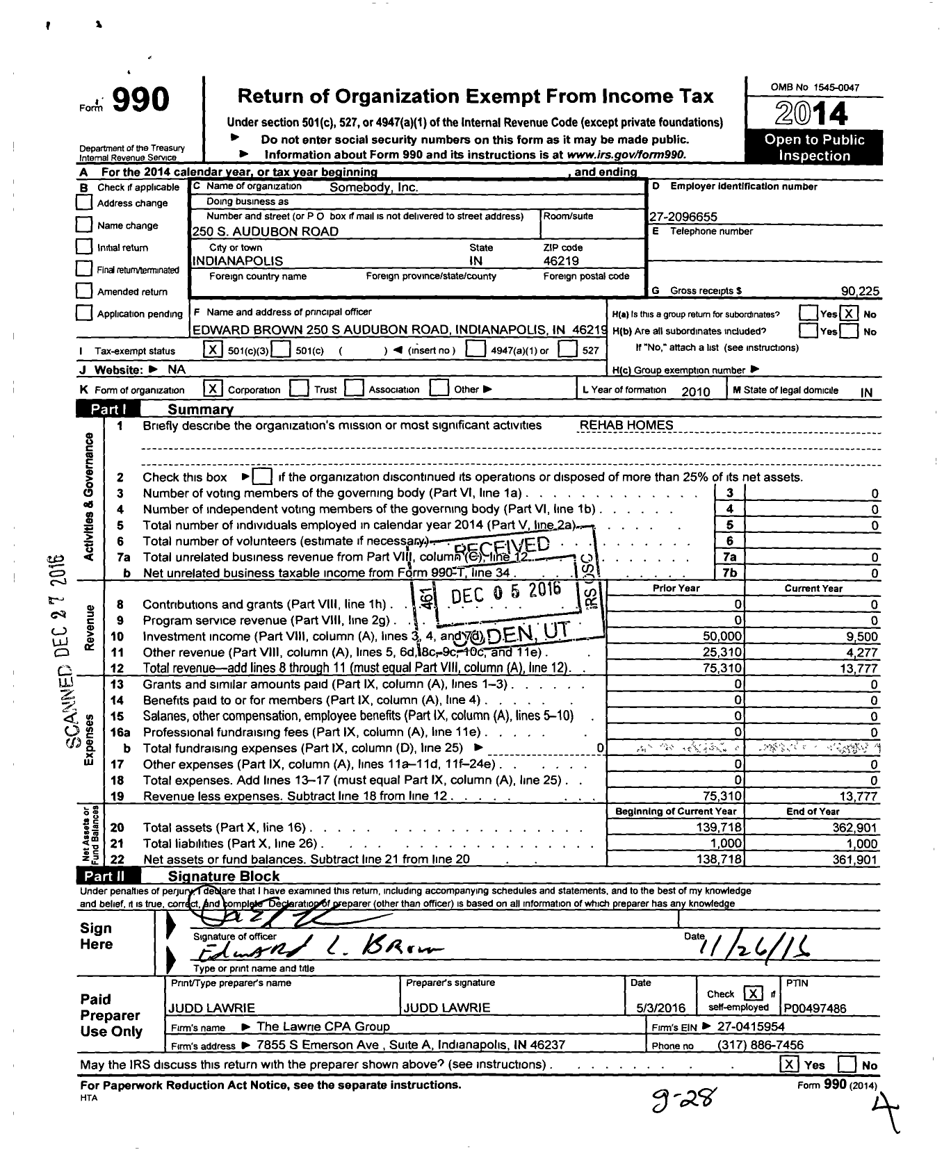 Image of first page of 2014 Form 990 for Somebody