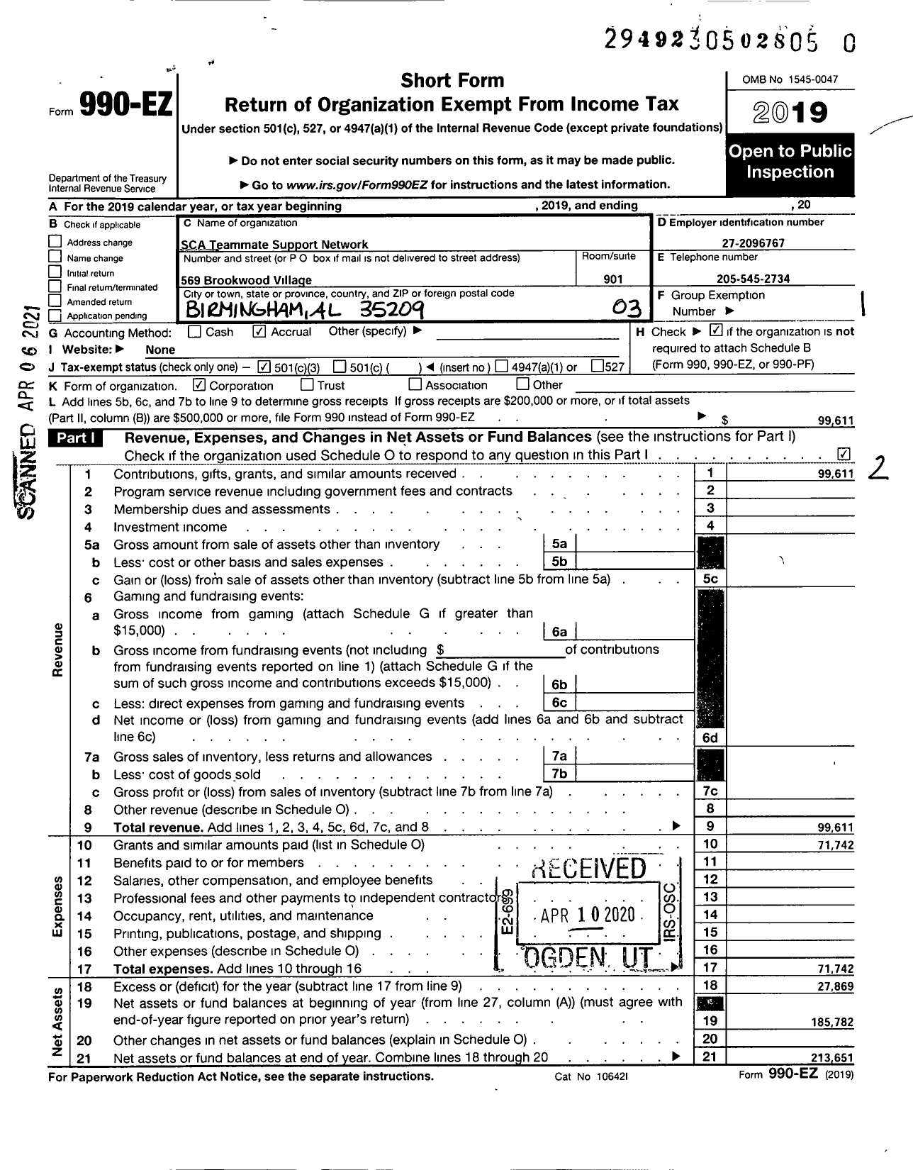 Image of first page of 2019 Form 990EZ for SCA Teammate Support Network