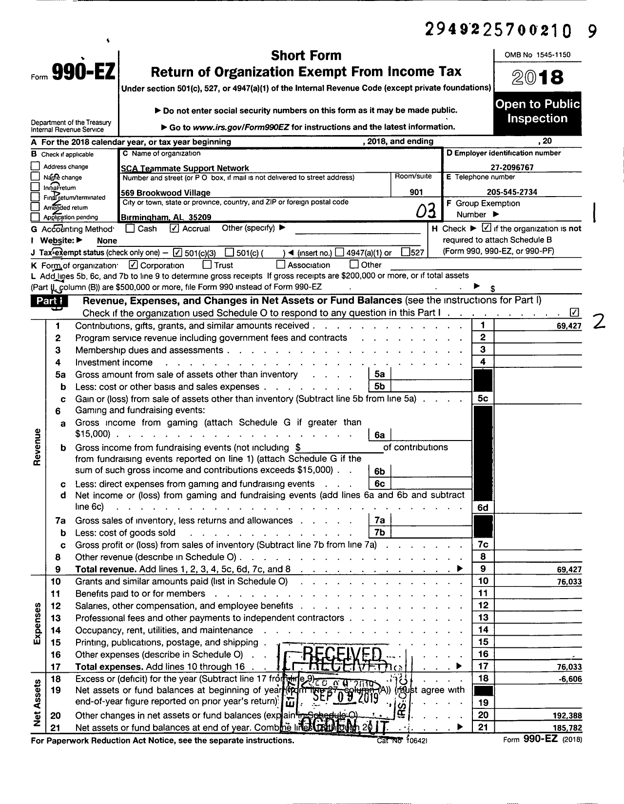 Image of first page of 2018 Form 990EZ for SCA Teammate Support Network