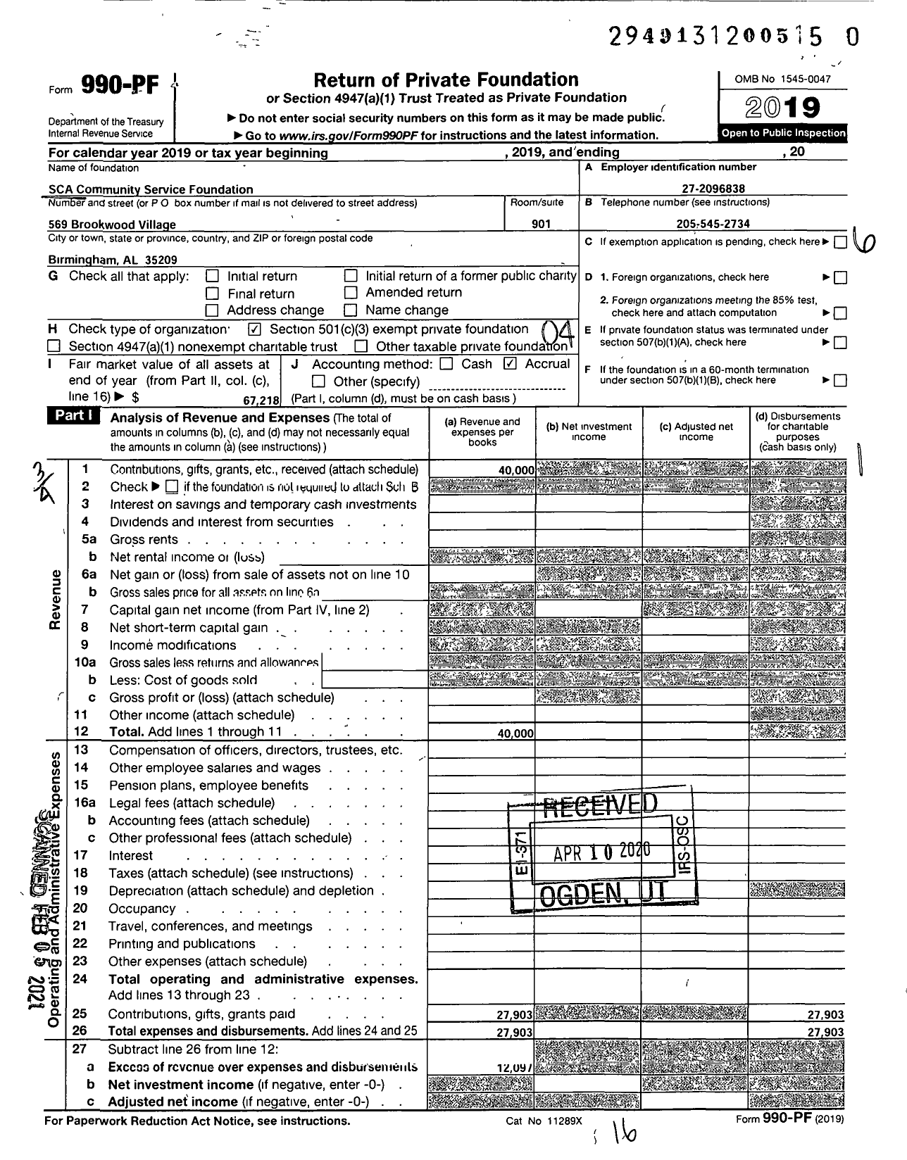 Image of first page of 2019 Form 990PF for SCA Community Service Foundation