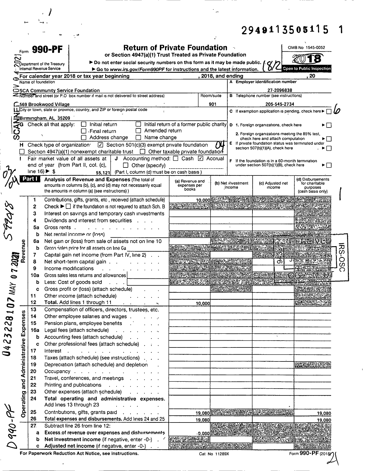 Image of first page of 2018 Form 990PF for SCA Community Service Foundation