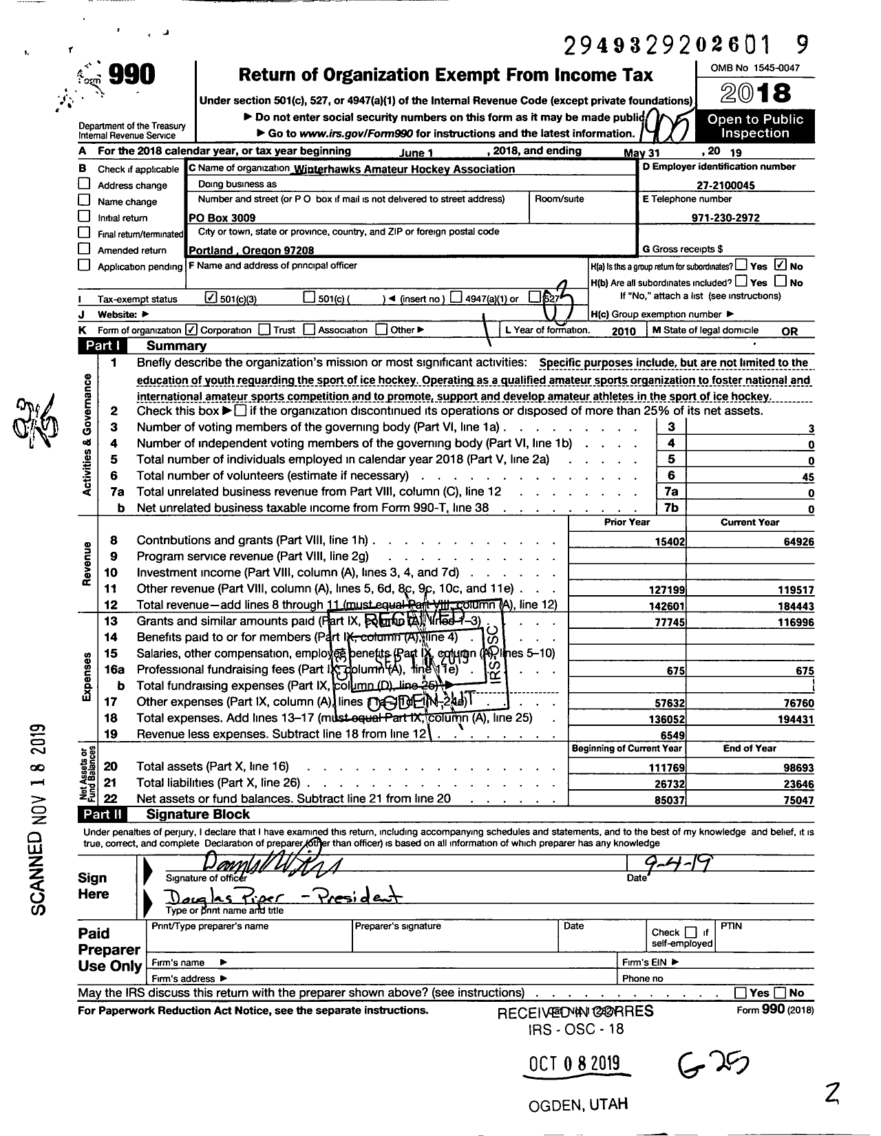 Image of first page of 2018 Form 990 for Winterhawks Hawks Amateur Hockey Association