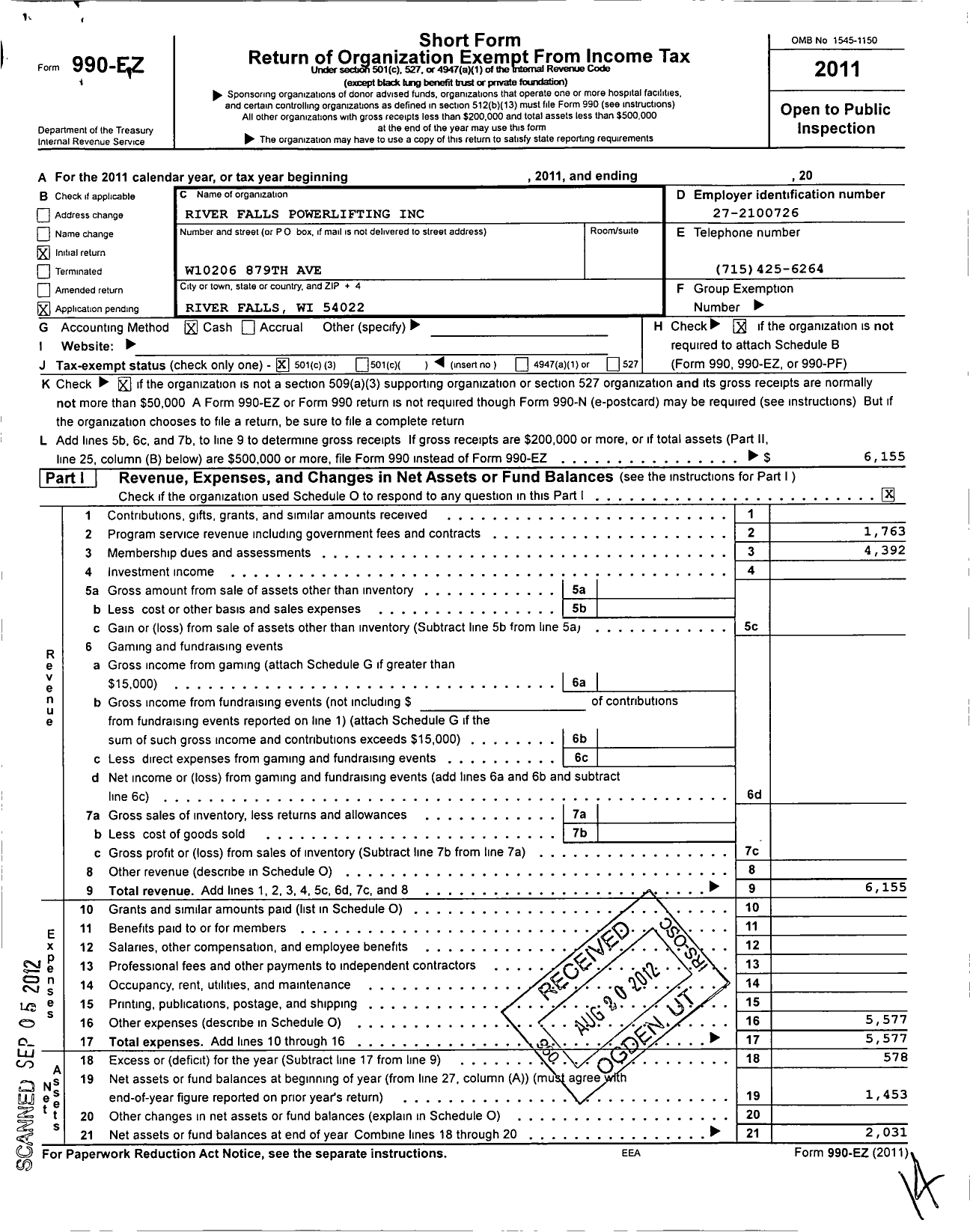 Image of first page of 2011 Form 990EZ for River Falls Powerlifting