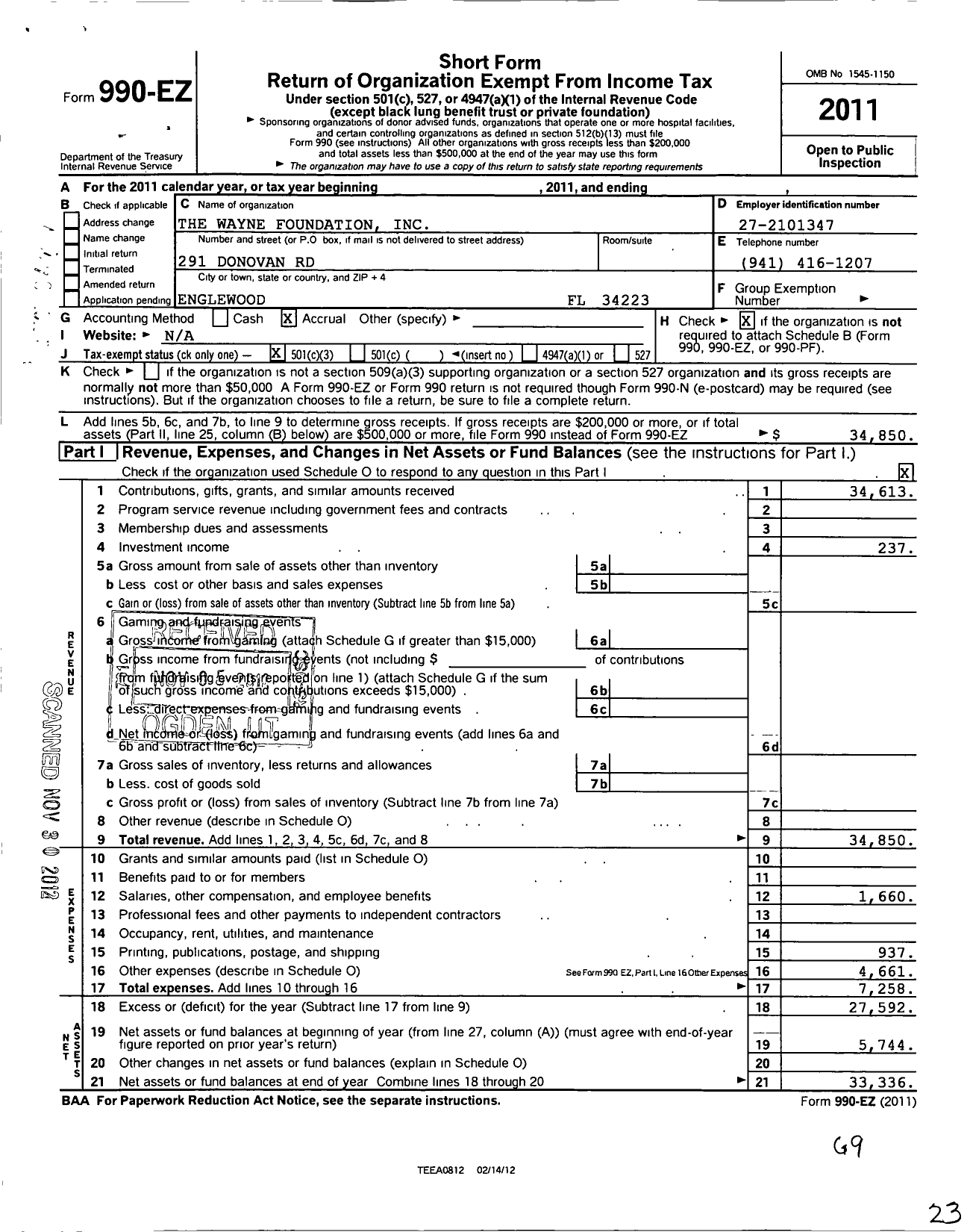 Image of first page of 2011 Form 990EZ for The Wayne Foundation