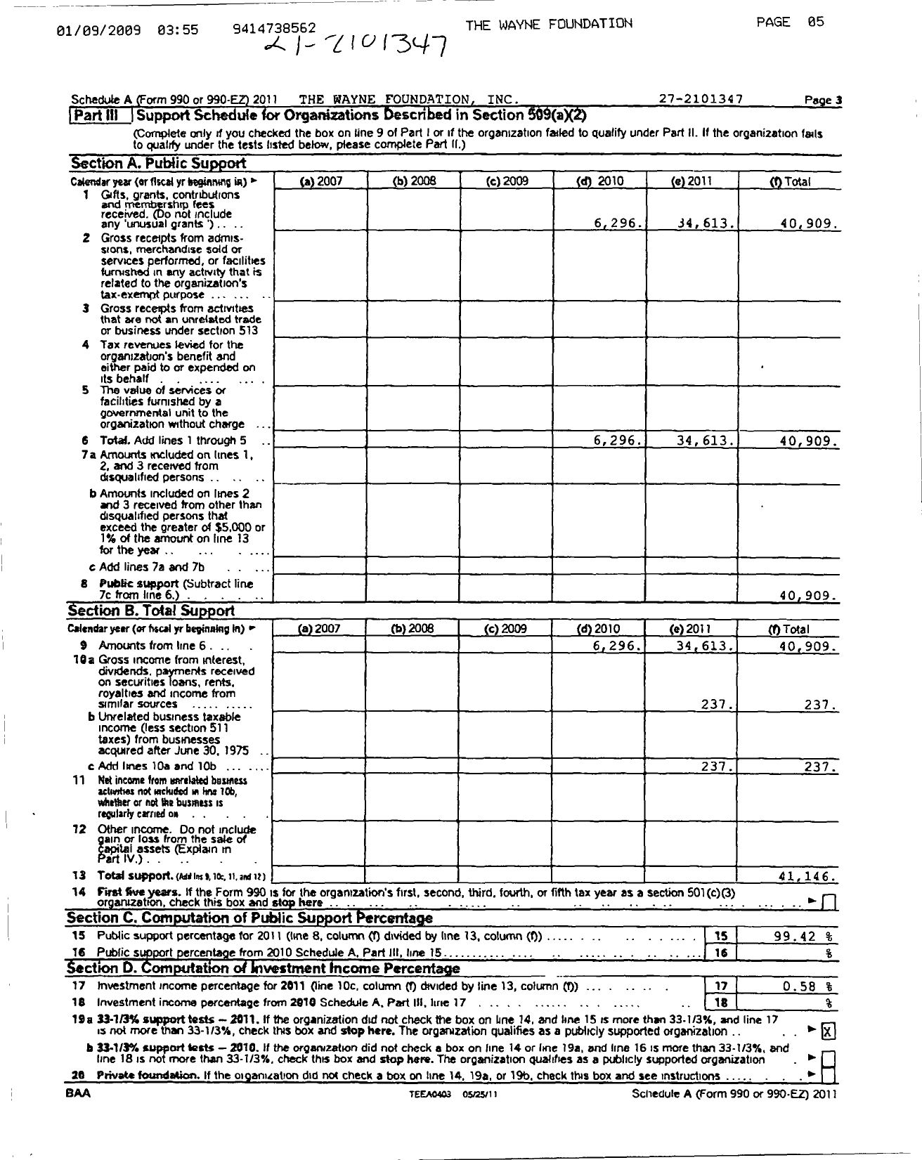 Image of first page of 2011 Form 990ER for The Wayne Foundation