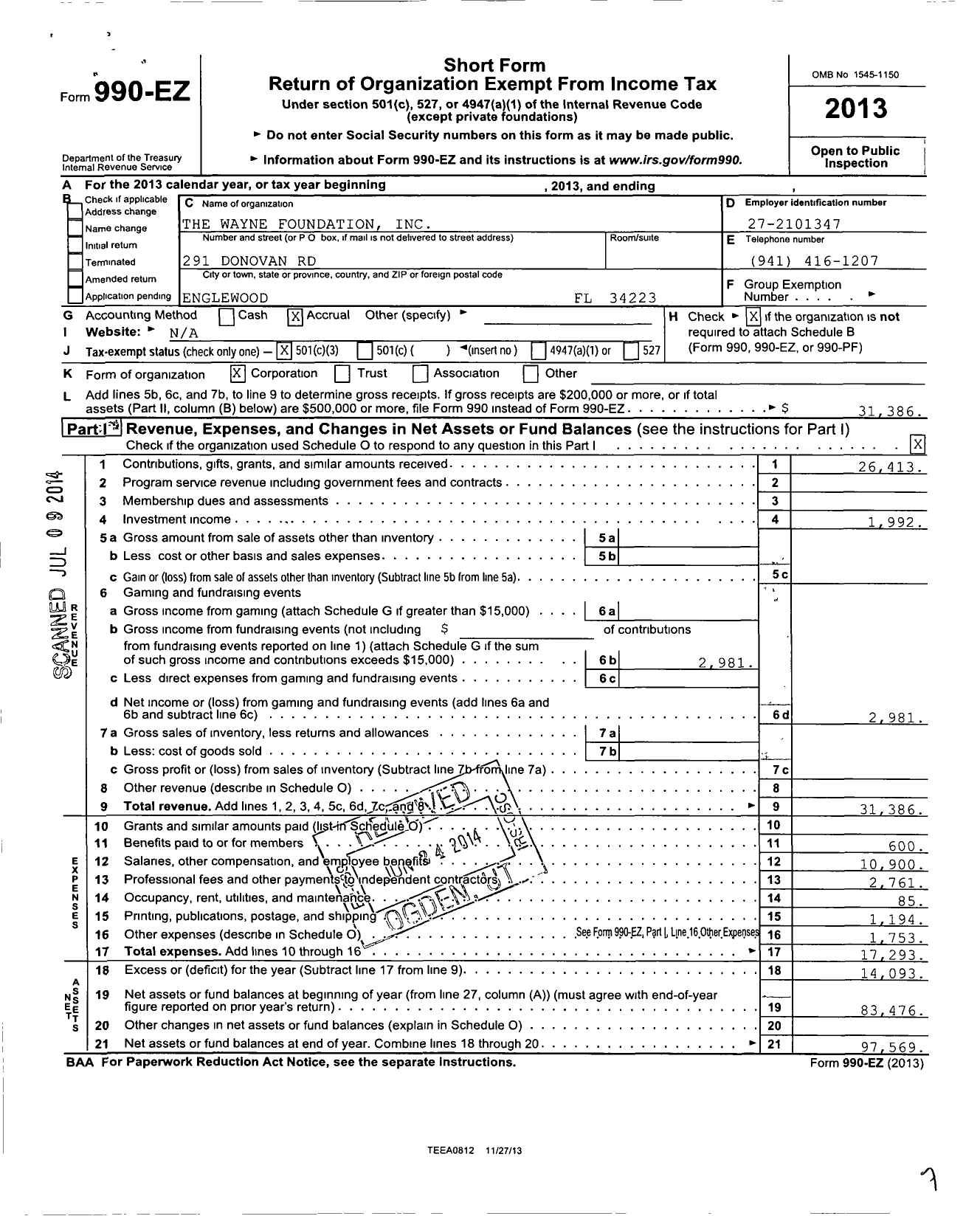 Image of first page of 2013 Form 990EZ for The Wayne Foundation