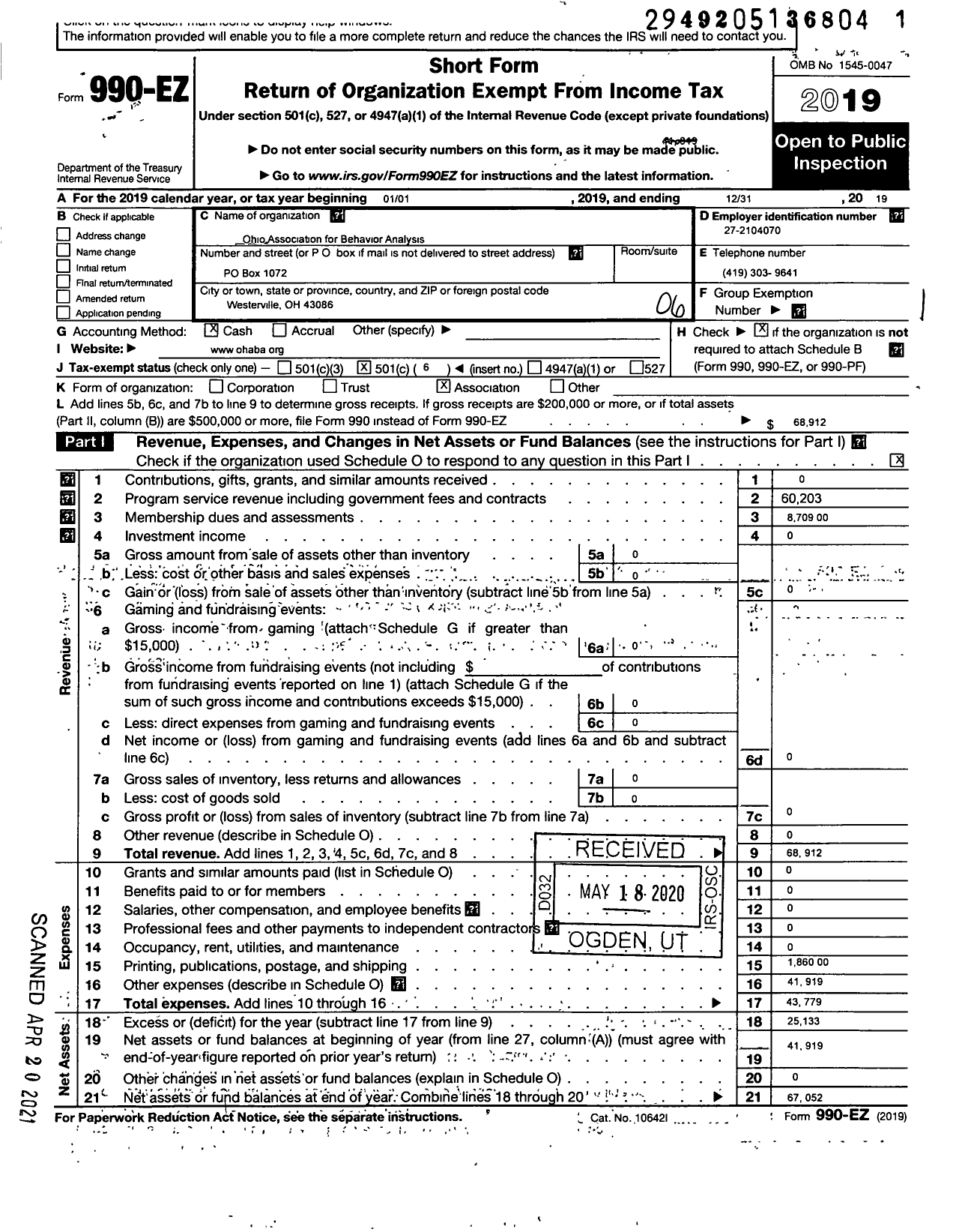 Image of first page of 2019 Form 990EO for Ohio Association for Behavior Analysis