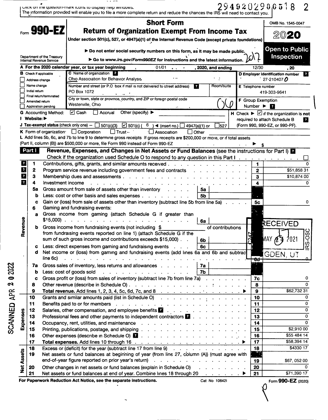 Image of first page of 2020 Form 990EO for Ohio Association for Behavior Analysis