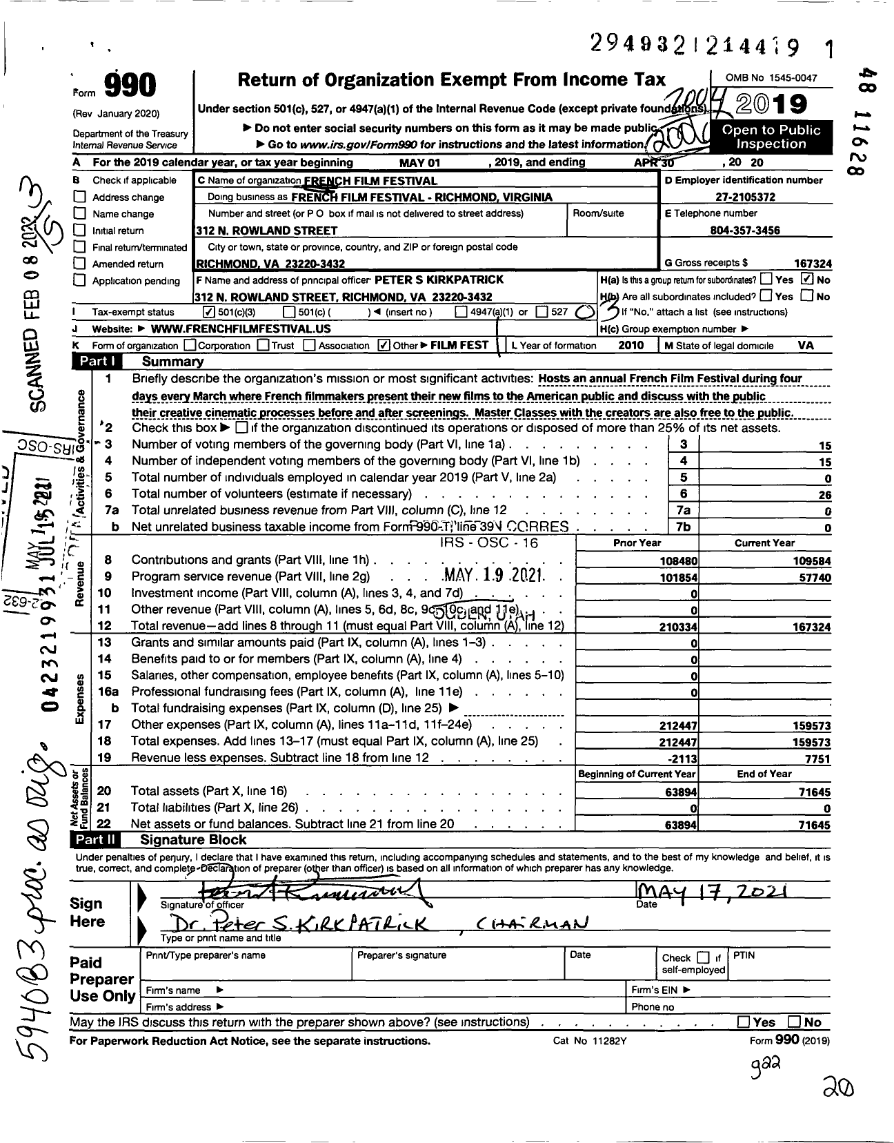 Image of first page of 2019 Form 990 for French Film Festival - Richmond Virginia