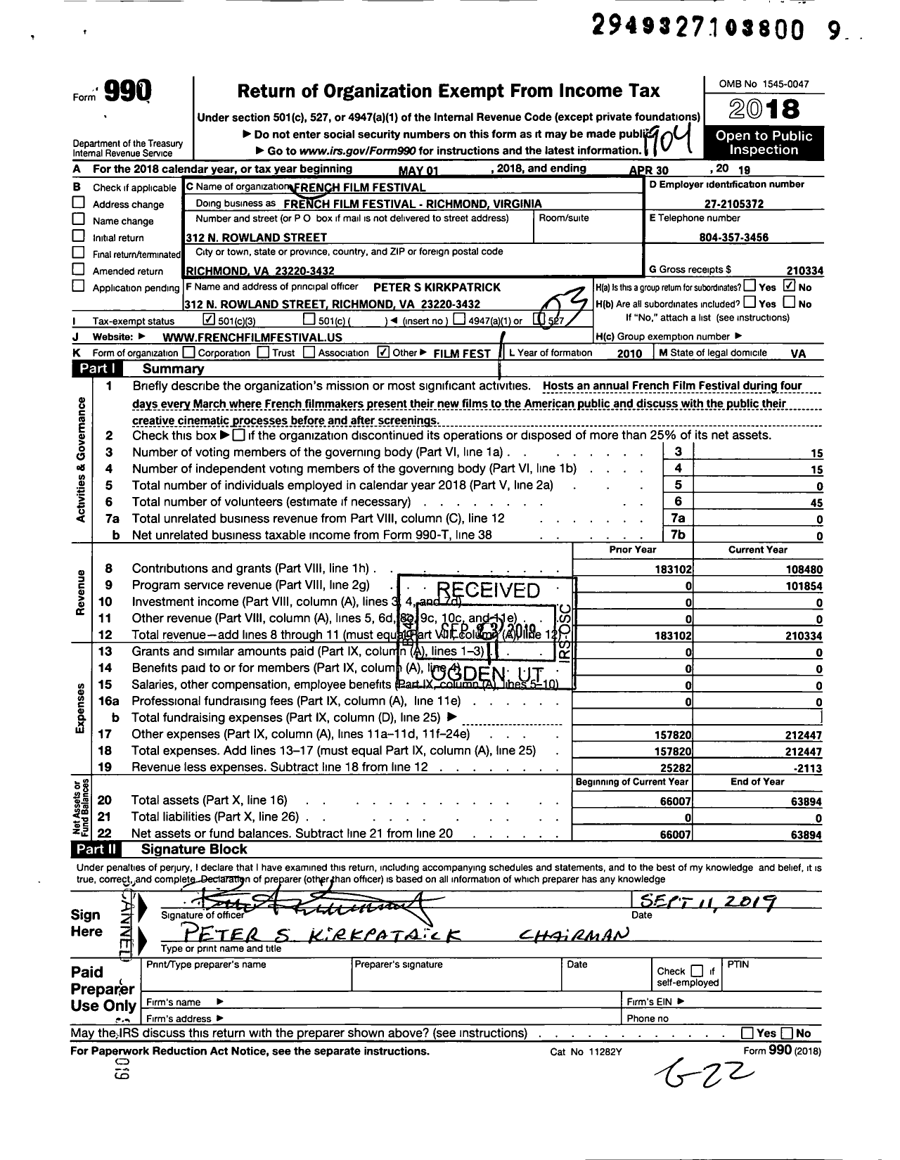 Image of first page of 2018 Form 990 for French Film Festival - Richmond Virginia