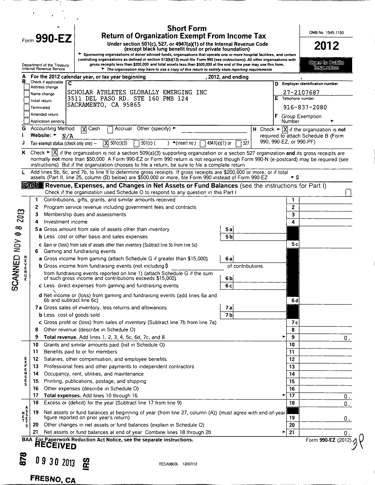 Image of first page of 2012 Form 990EZ for Scholar Athletes Globally Emerging