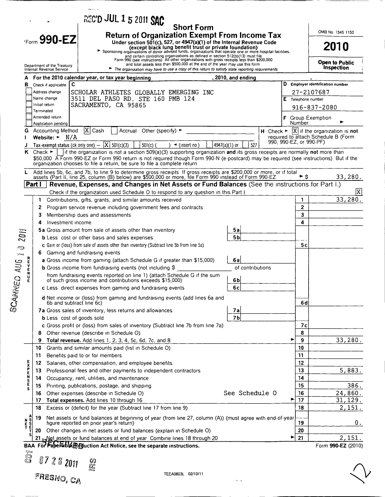 Image of first page of 2010 Form 990EZ for Scholar Athletes Globally Emerging