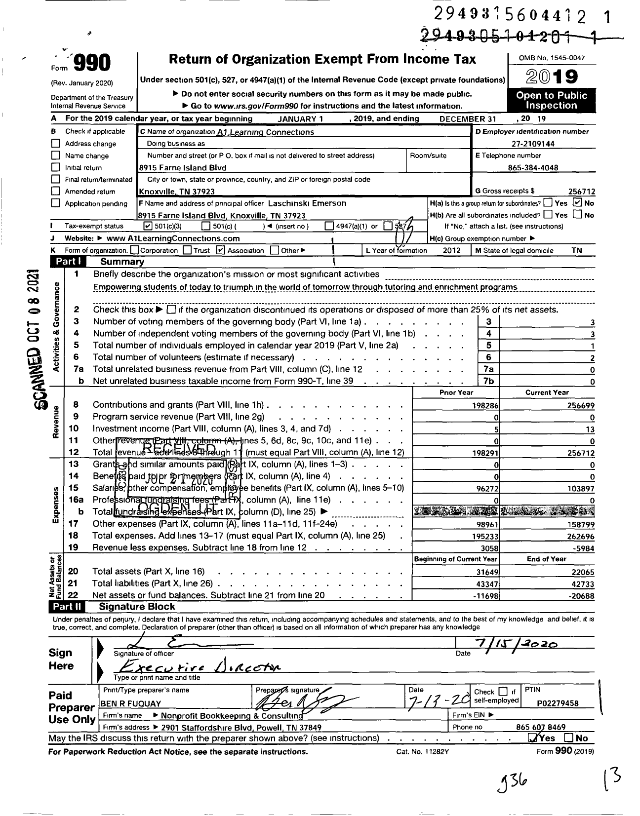 Image of first page of 2019 Form 990 for A1 1 Learning Connections