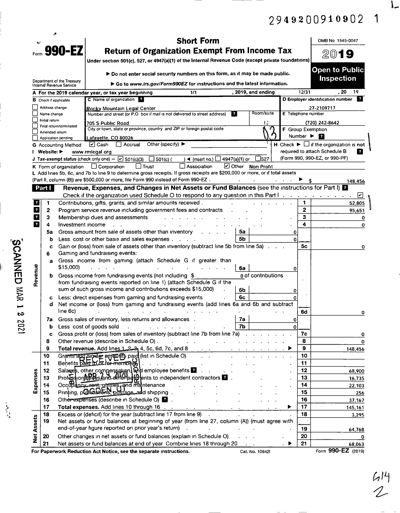 Image of first page of 2019 Form 990EZ for Rocky Mountain Legal Center