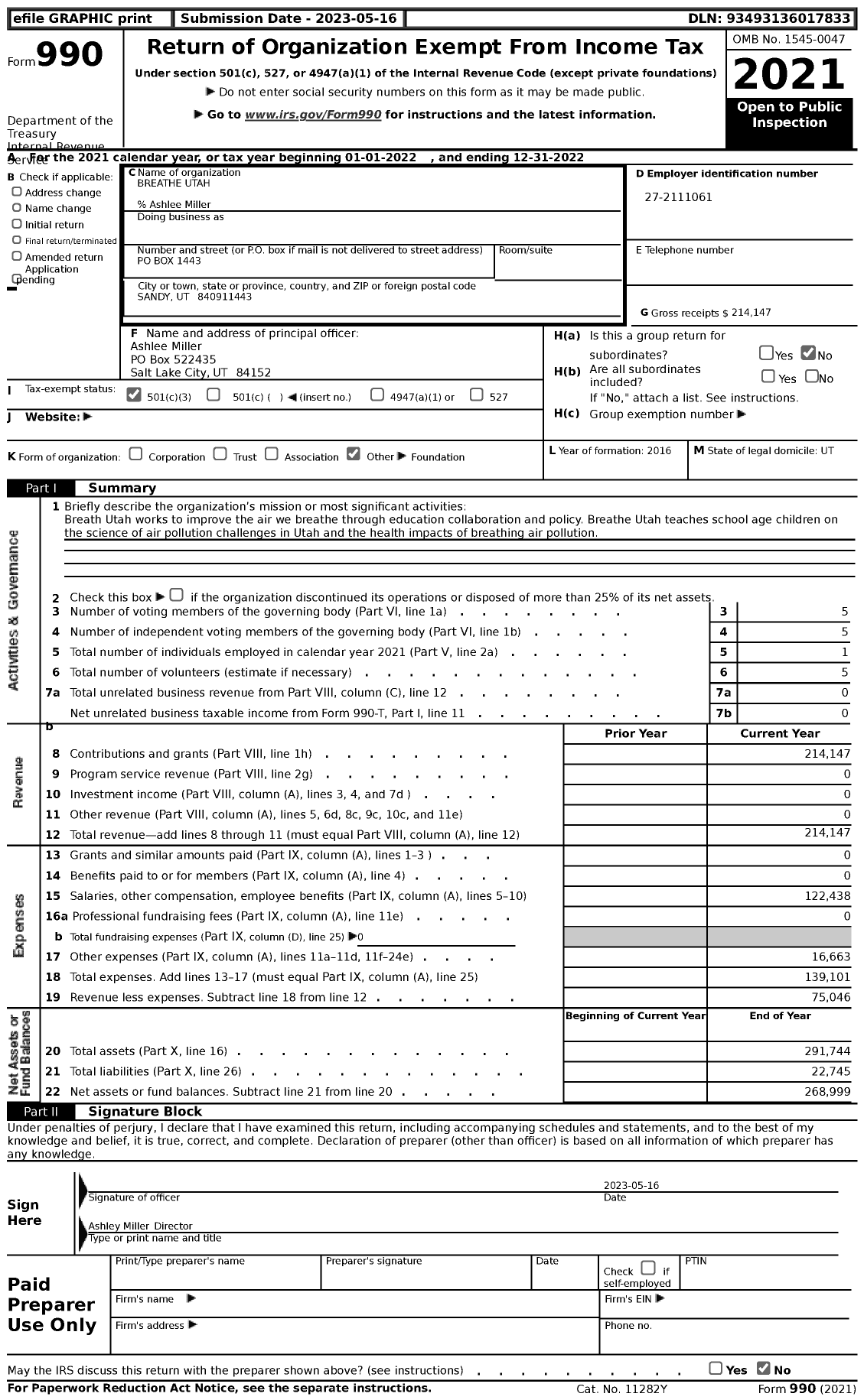 Image of first page of 2022 Form 990 for Breathe Utah