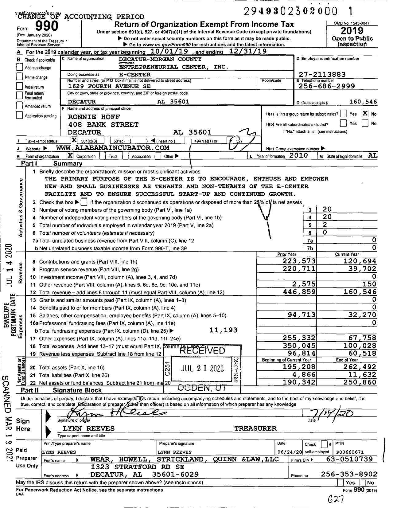 Image of first page of 2019 Form 990 for E-Center / Decatur-Morgan County Entrepreneurial Center Inc