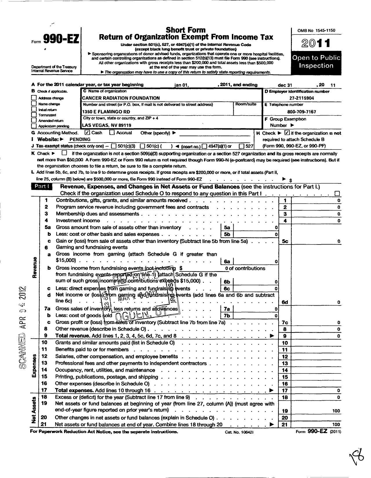 Image of first page of 2011 Form 990EO for Cancer Radiation Foundation