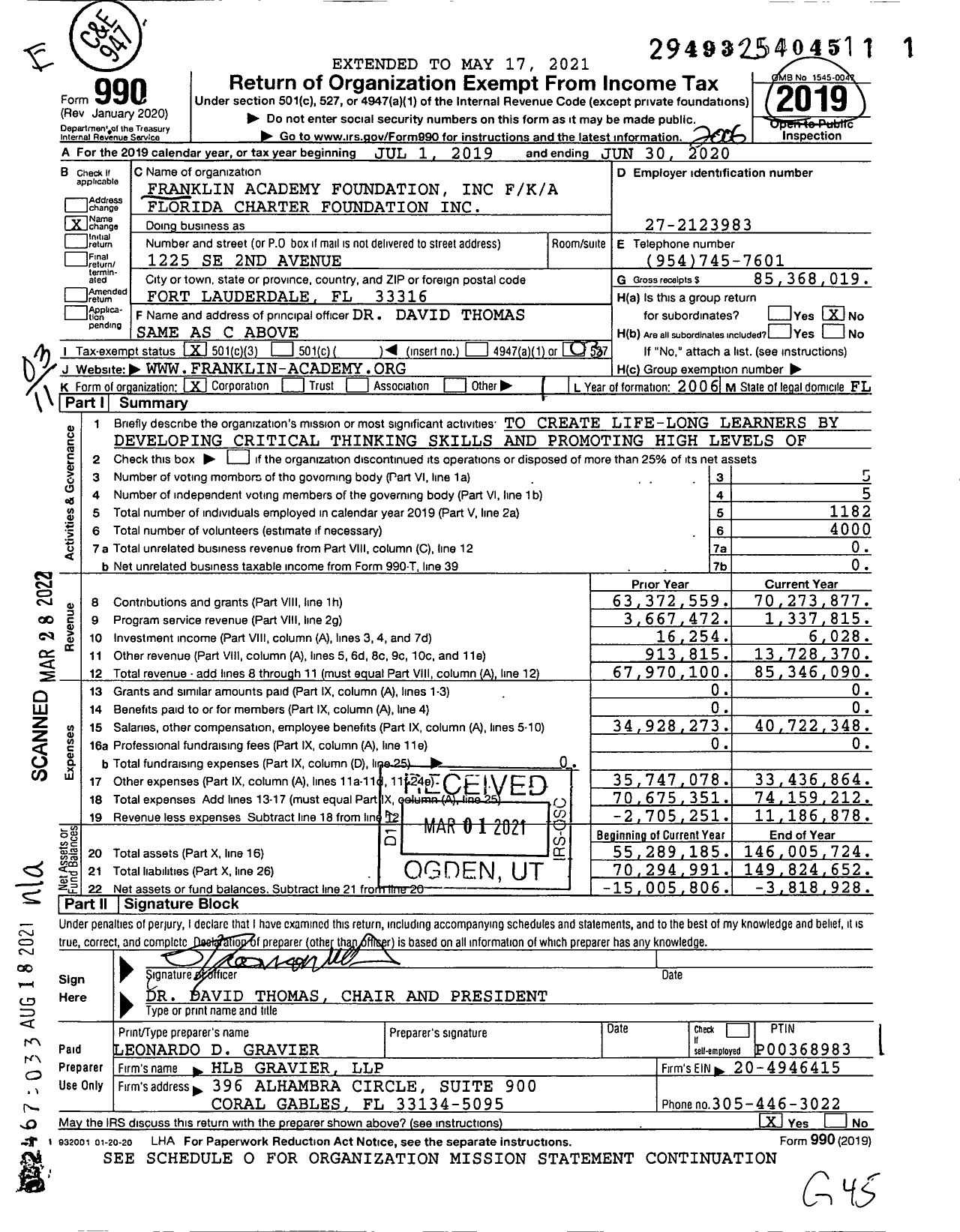 Image of first page of 2019 Form 990 for Franklin Academy Foundation