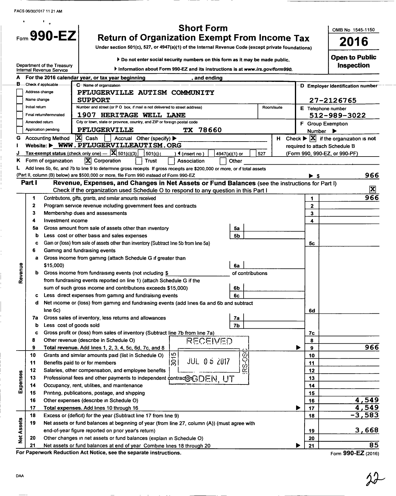 Image of first page of 2016 Form 990EZ for Pflugerville Autism Community Support